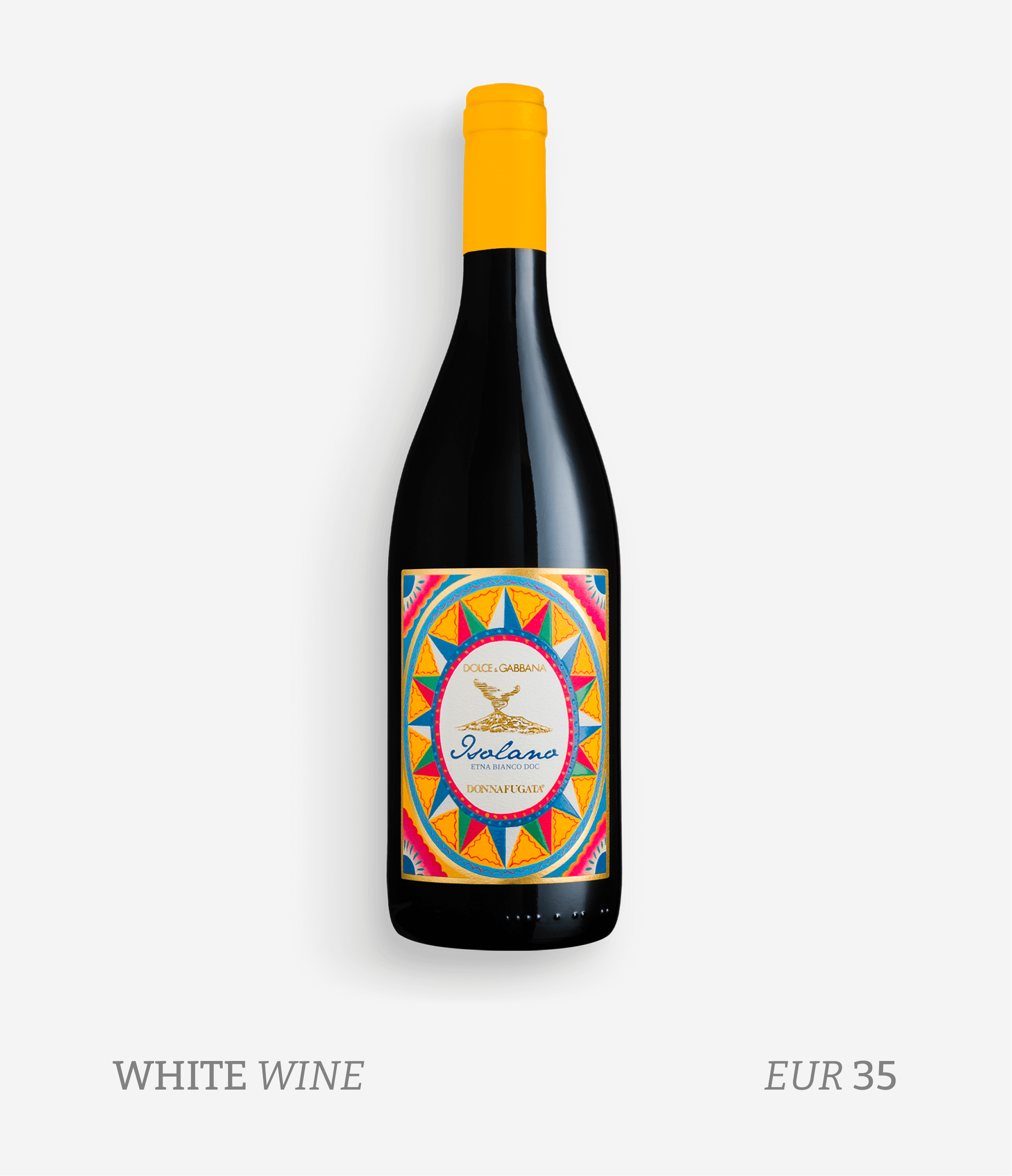 A bottle of wine with a colorful label featuring geometric patterns and a golden bird. The bottle has a yellow capsule and is set against a light background. Text below indicates it is white wine costing EUR 35.