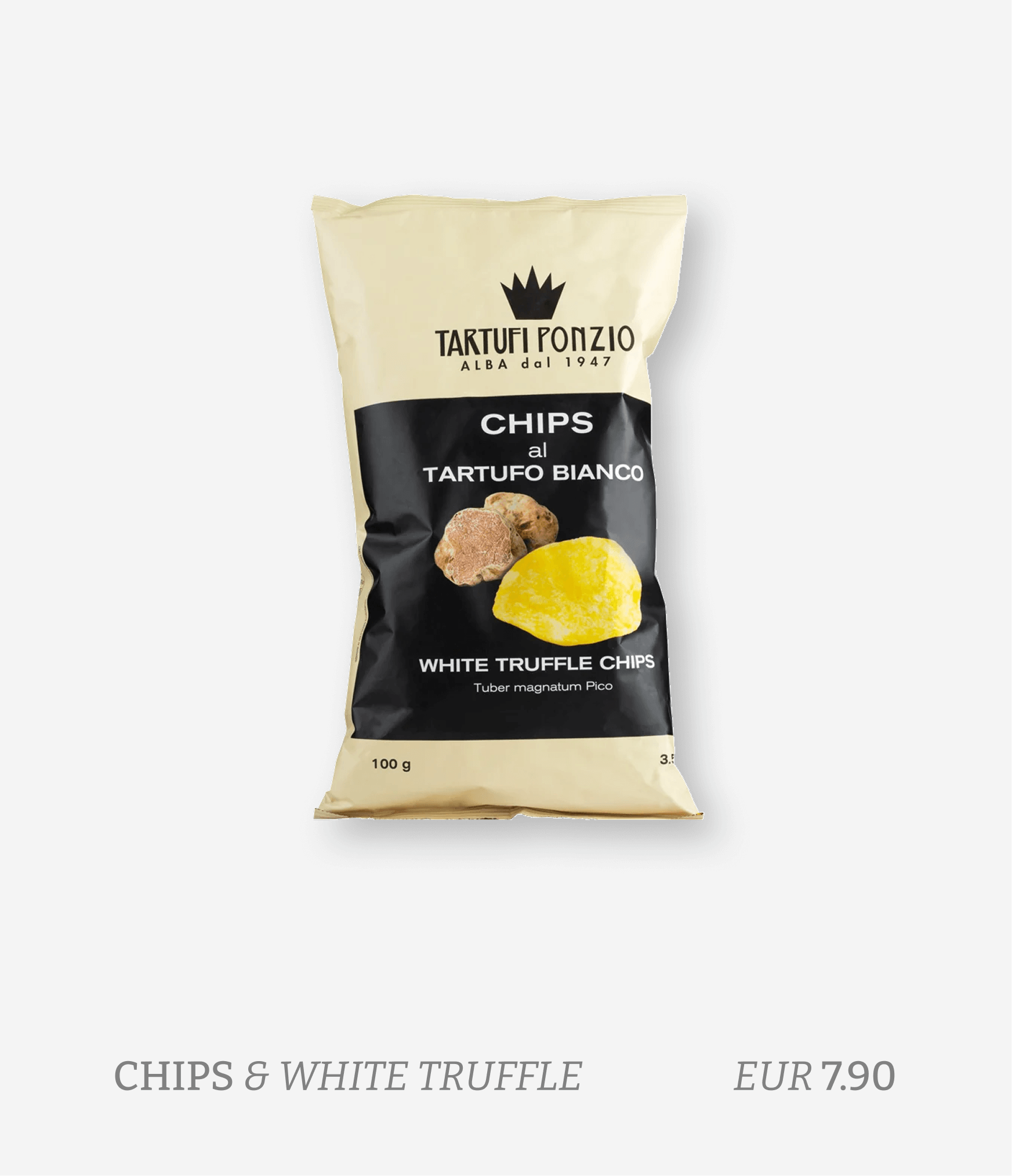 A 100-gram bag of white truffle chips, labeled "Tartufo Ponzio," featuring images of white truffles and a yellow chip, with the price of EUR 7.90 listed underneath.