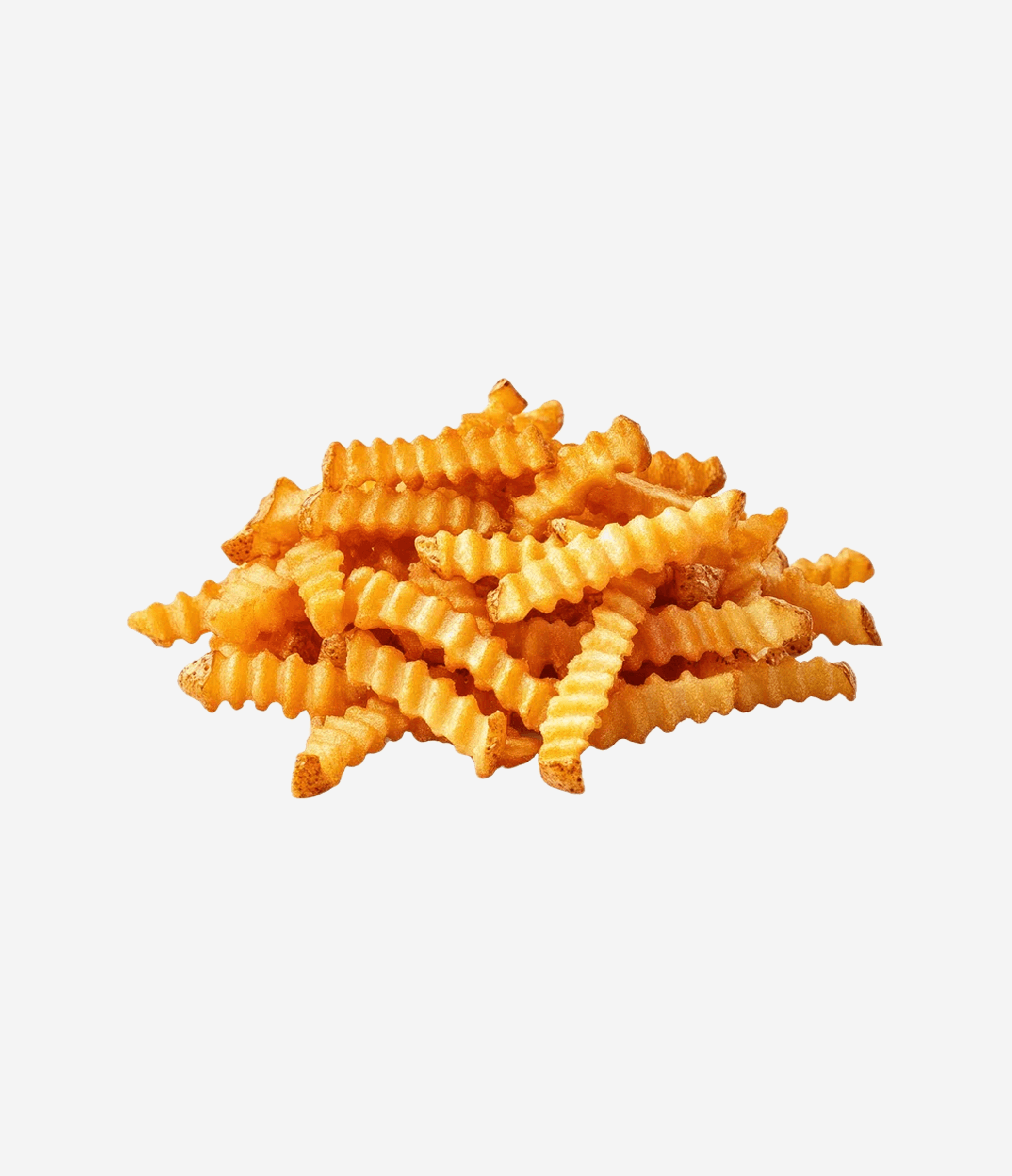 Pile of crinkle-cut French fries on a white background.