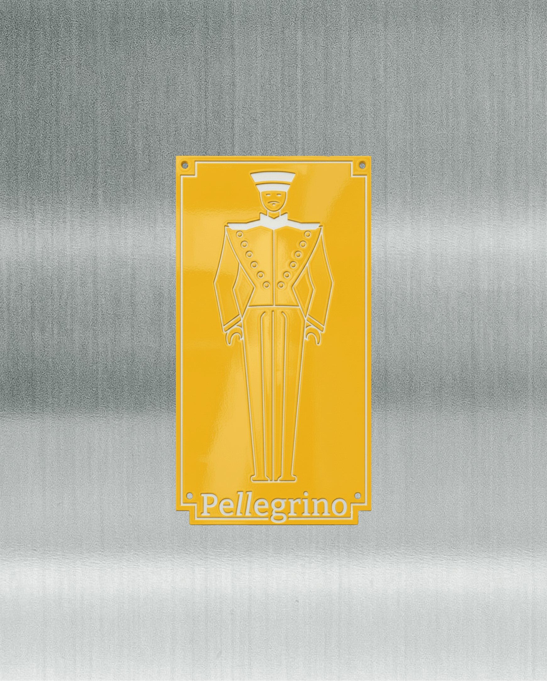 Yellow metal sign with an embossed design of a stylized person and the word 'Pellegrino' at the bottom, mounted on a brushed metal surface.