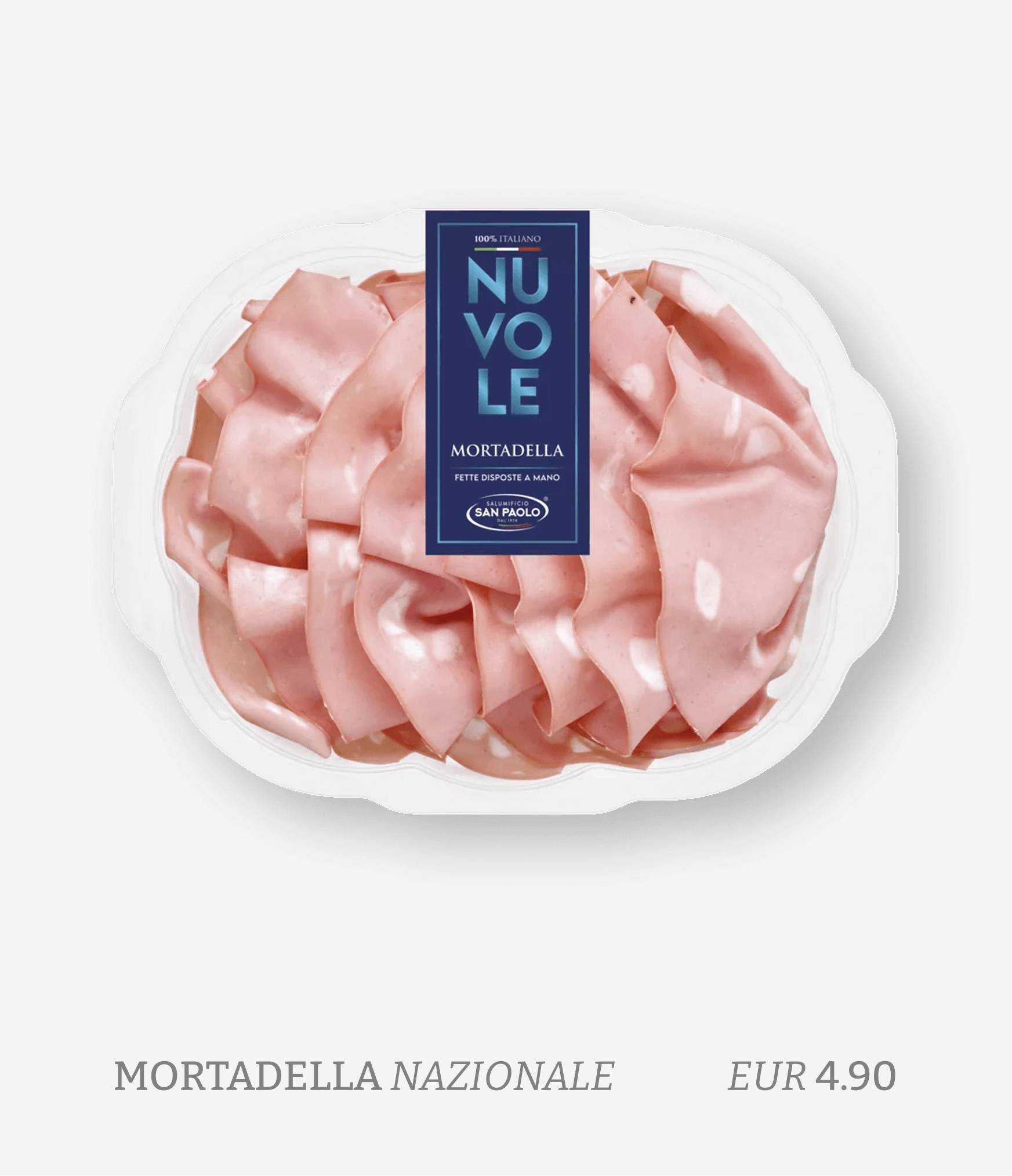 A package of sliced mortadella Italian deli meat with a blue label, displayed on a white background, priced at EUR 4.90.