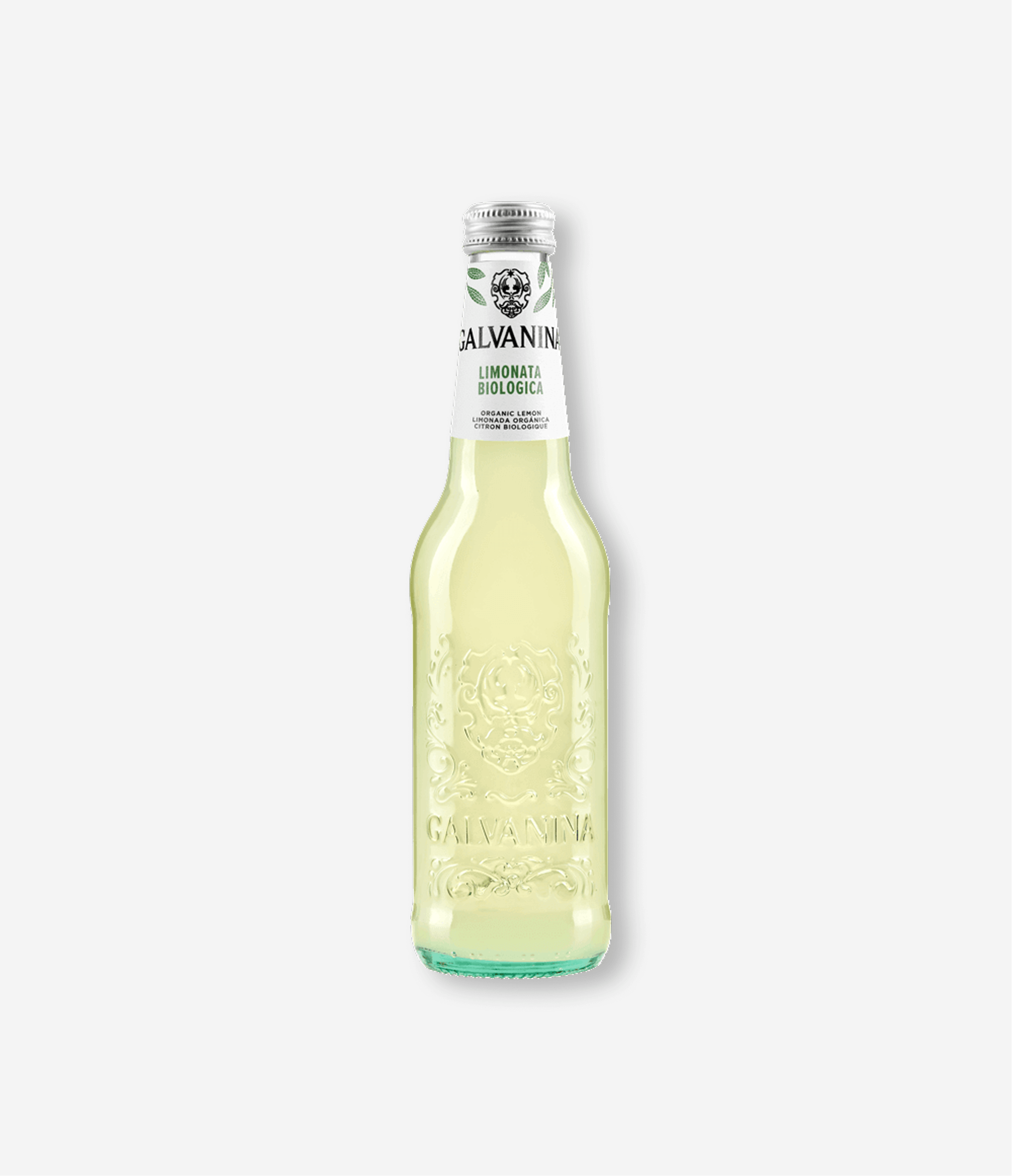 A clear glass bottle of Galvanina organic lemon flavored sparkling water with a silver cap and embossed branding.