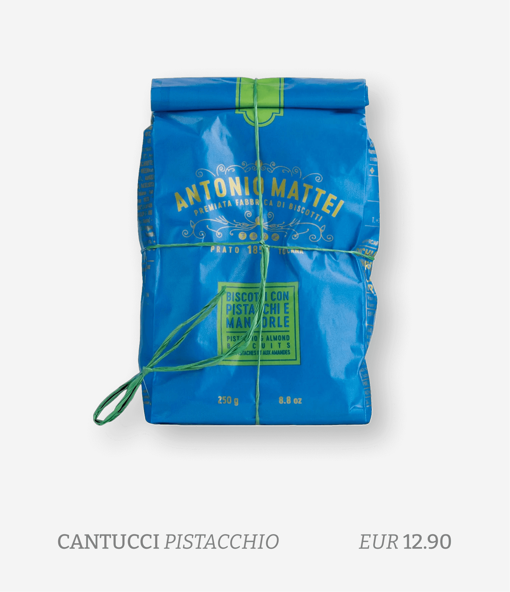 Blue package of Antonio Mattei pistachio almond cookies tied with a green ribbon.