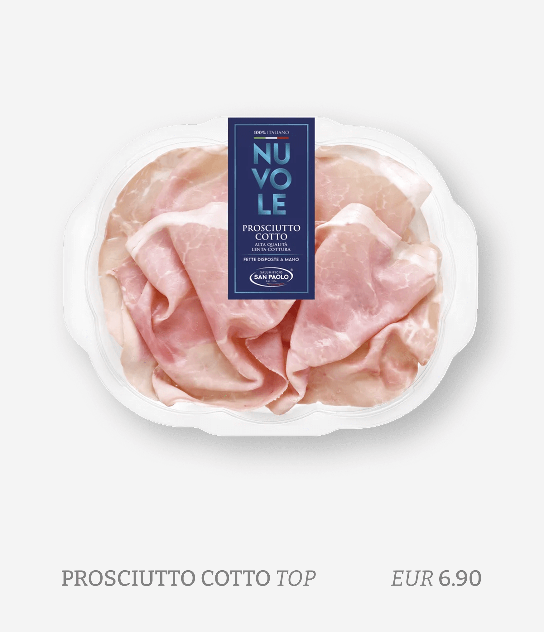 Packaged slices of cooked ham with a blue label displaying brand and product details, placed on a light grey background with price and product name below.