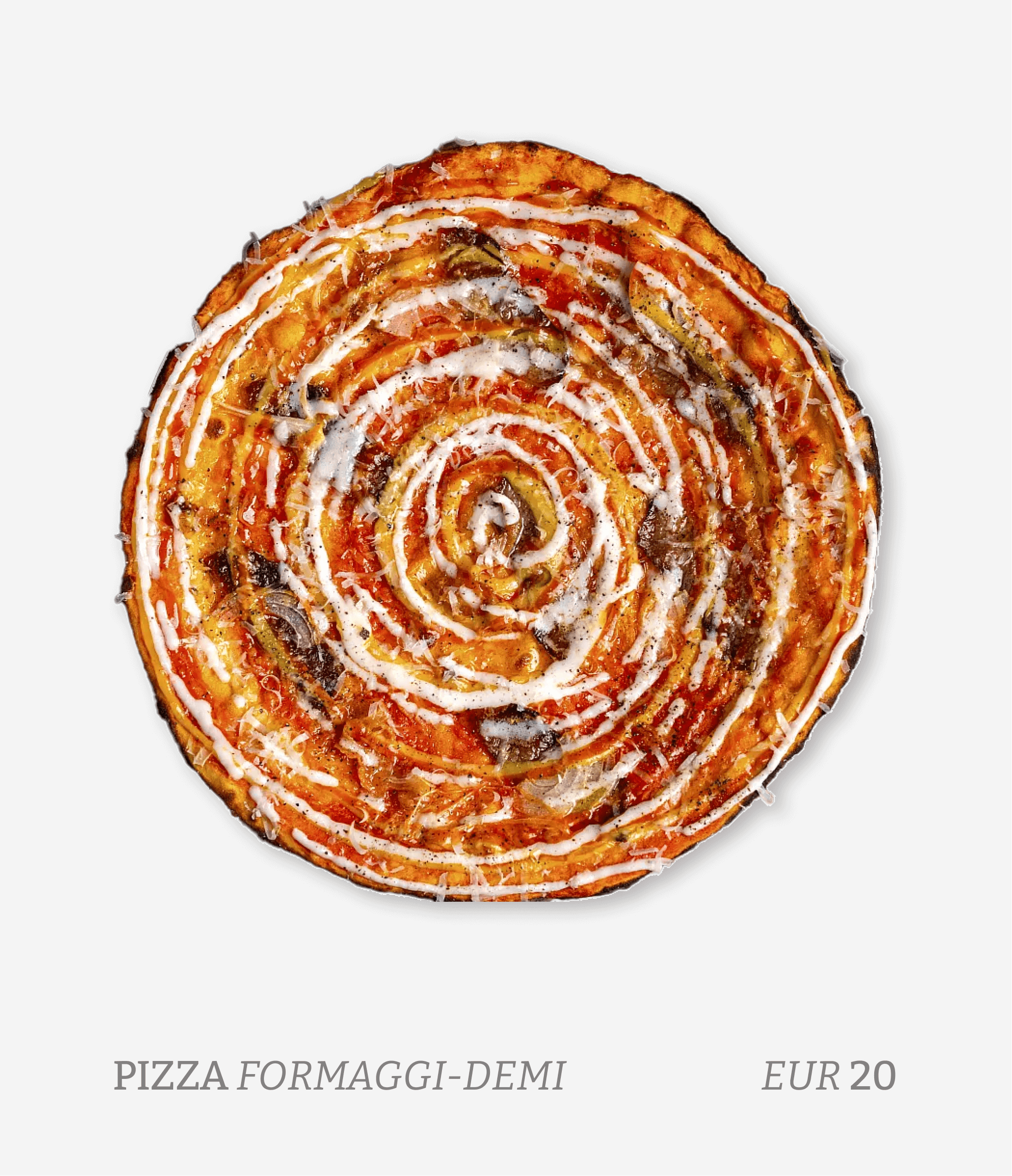 A close-up of a pizza with a spiral pattern of cheese and tomato sauce, topped with vegetables and drizzled with white sauce, with text indicating it is a cheese pizza for half-price costing 20 euros.
