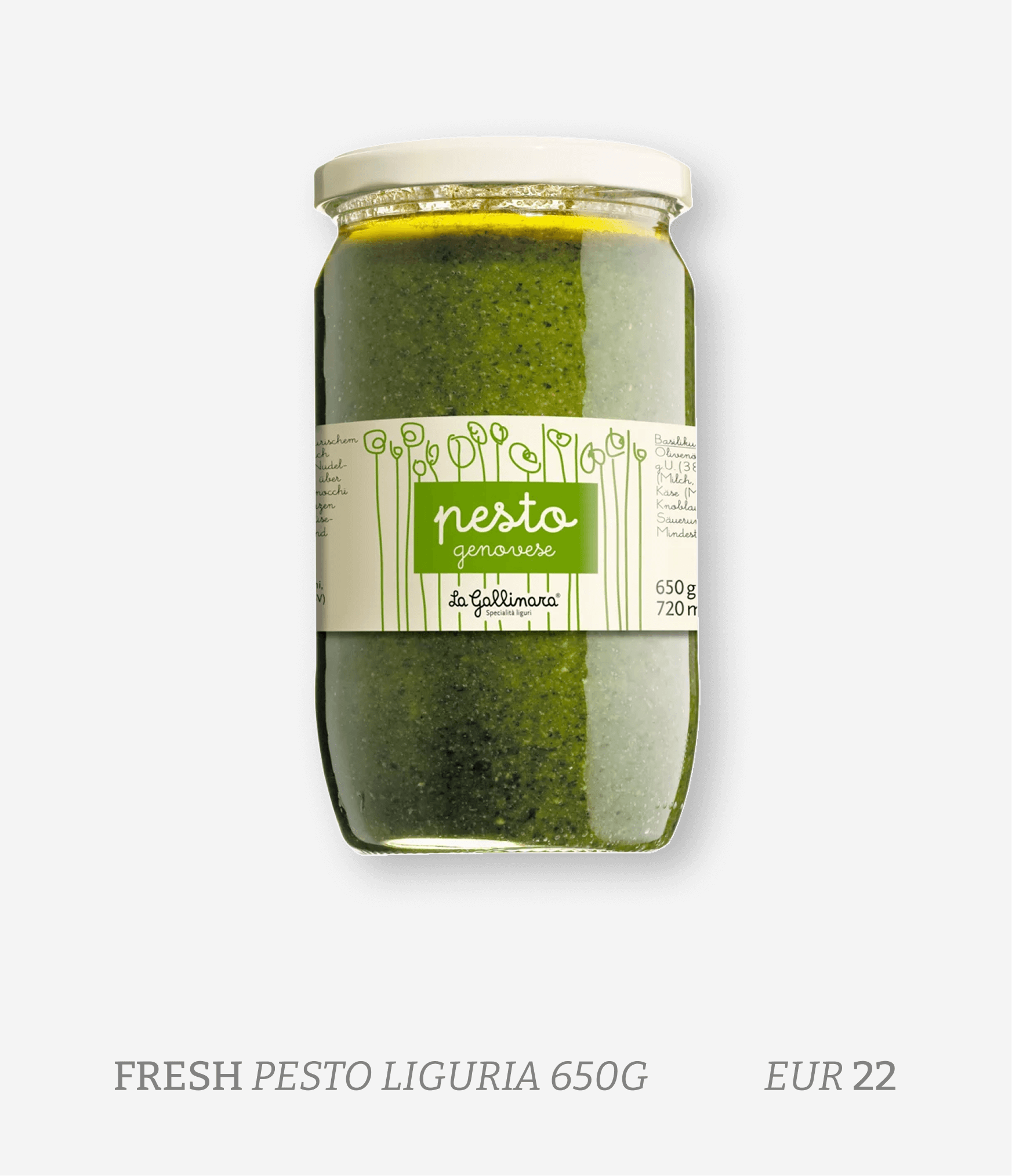 A jar of fresh pesto Liguria with a label indicating 650 grams, priced at 22 euros, with a green and white design.
