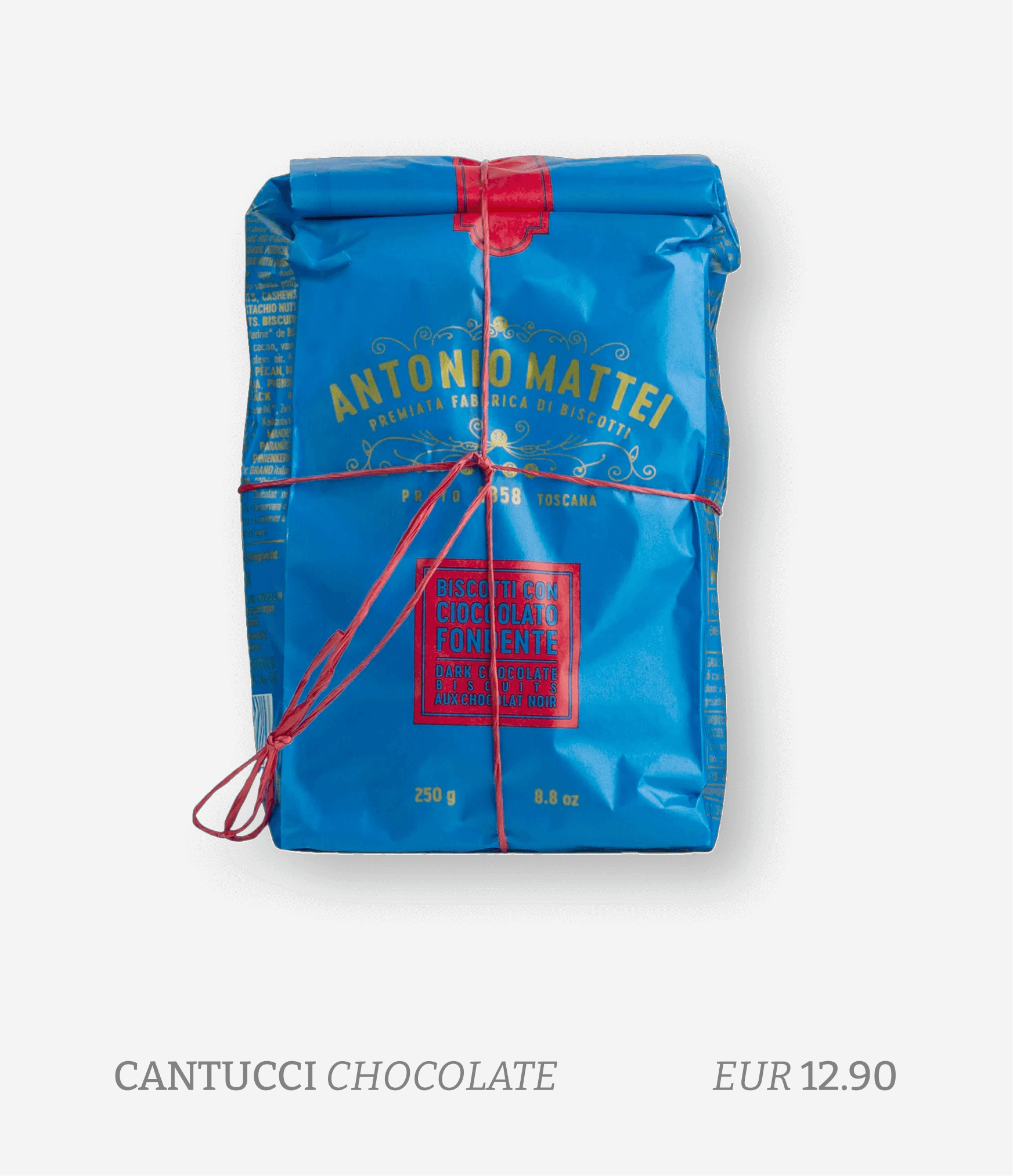 A blue package of Antonio Mattei Cantucci chocolate biscuits wrapped with red string, displaying gold and red text, with a price of EUR 12.90.