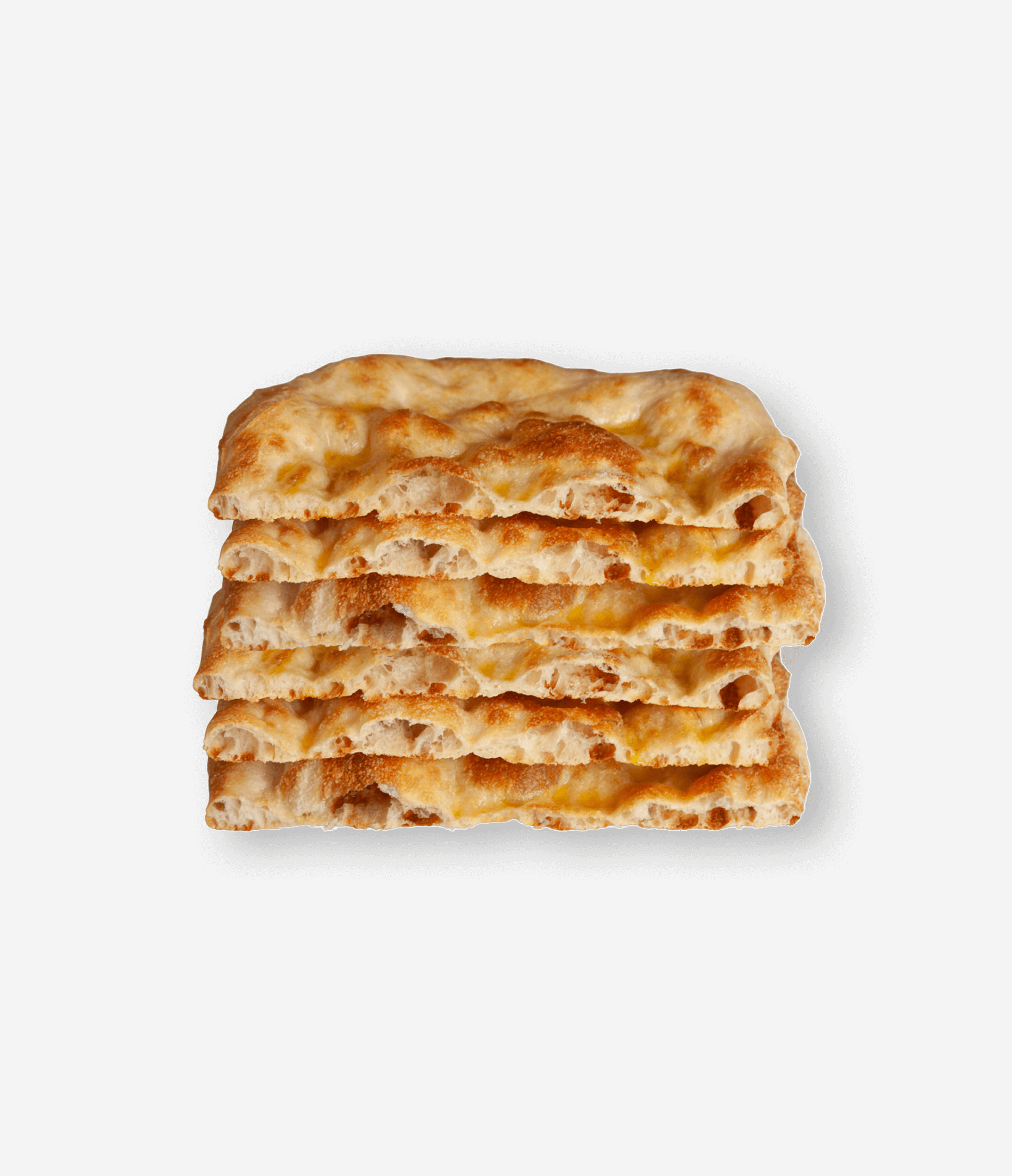 Stack of five slices of cheese pizza with melted cheese on a plain white background.