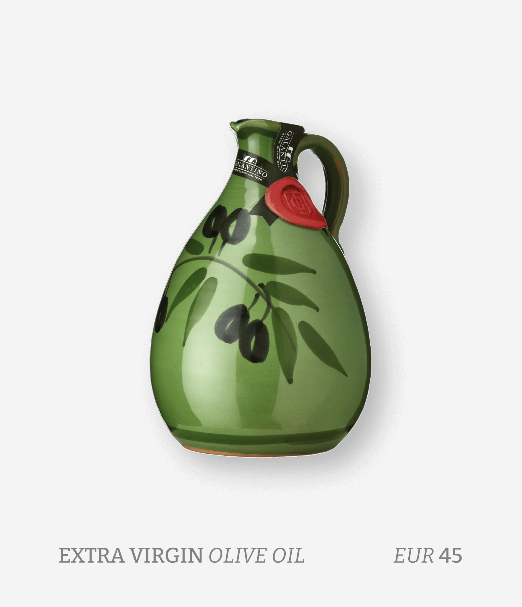A green ceramic bottle with a painted olive branch and black olives, priced at EUR 45 for extra virgin olive oil.