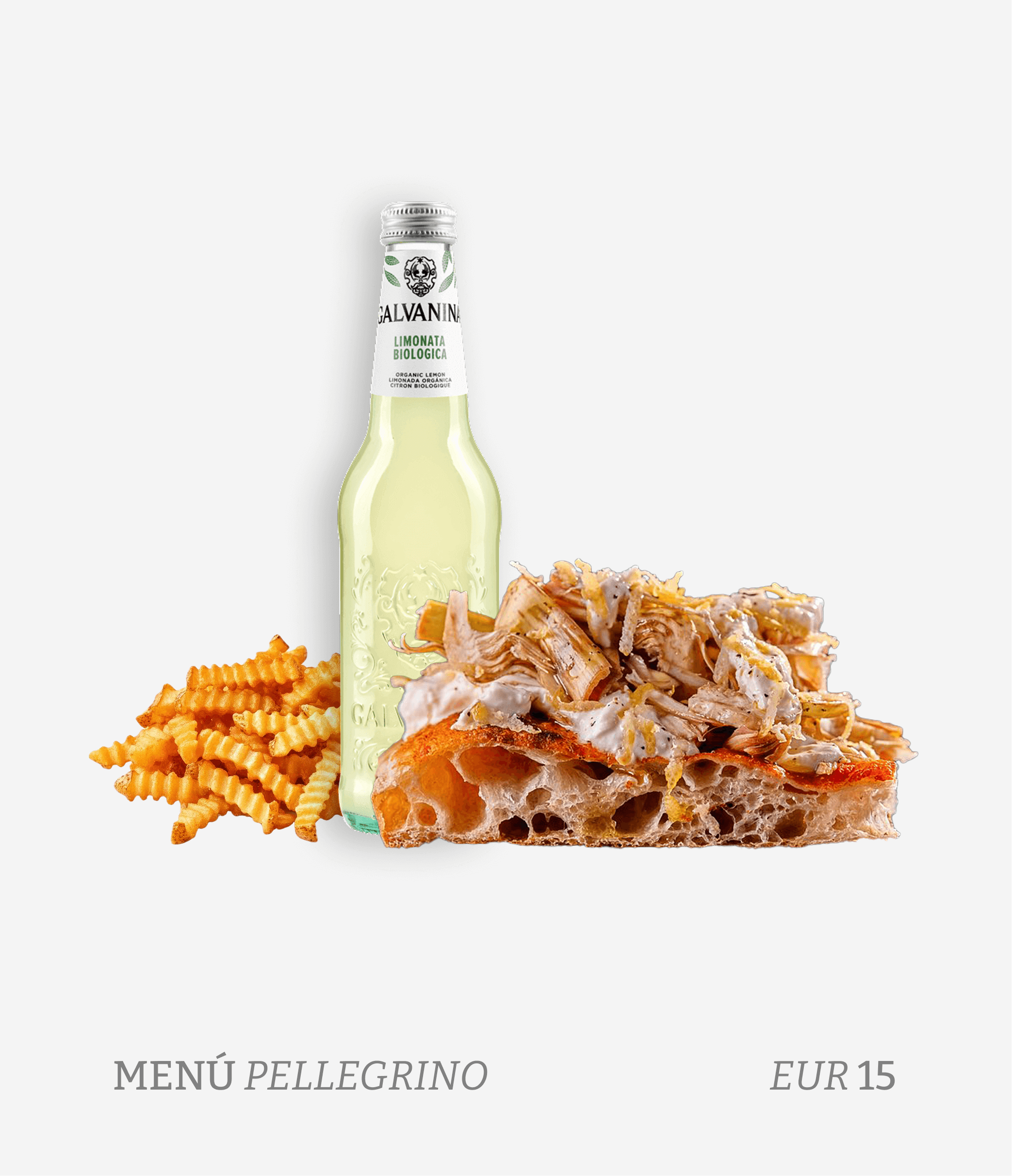 A menu item called 'Pellegrino' priced at 15 euros, featuring a pizza slice with chicken and cheese, a bottle of San Pellegrino lemon soda, and some small, ridged pasta.
