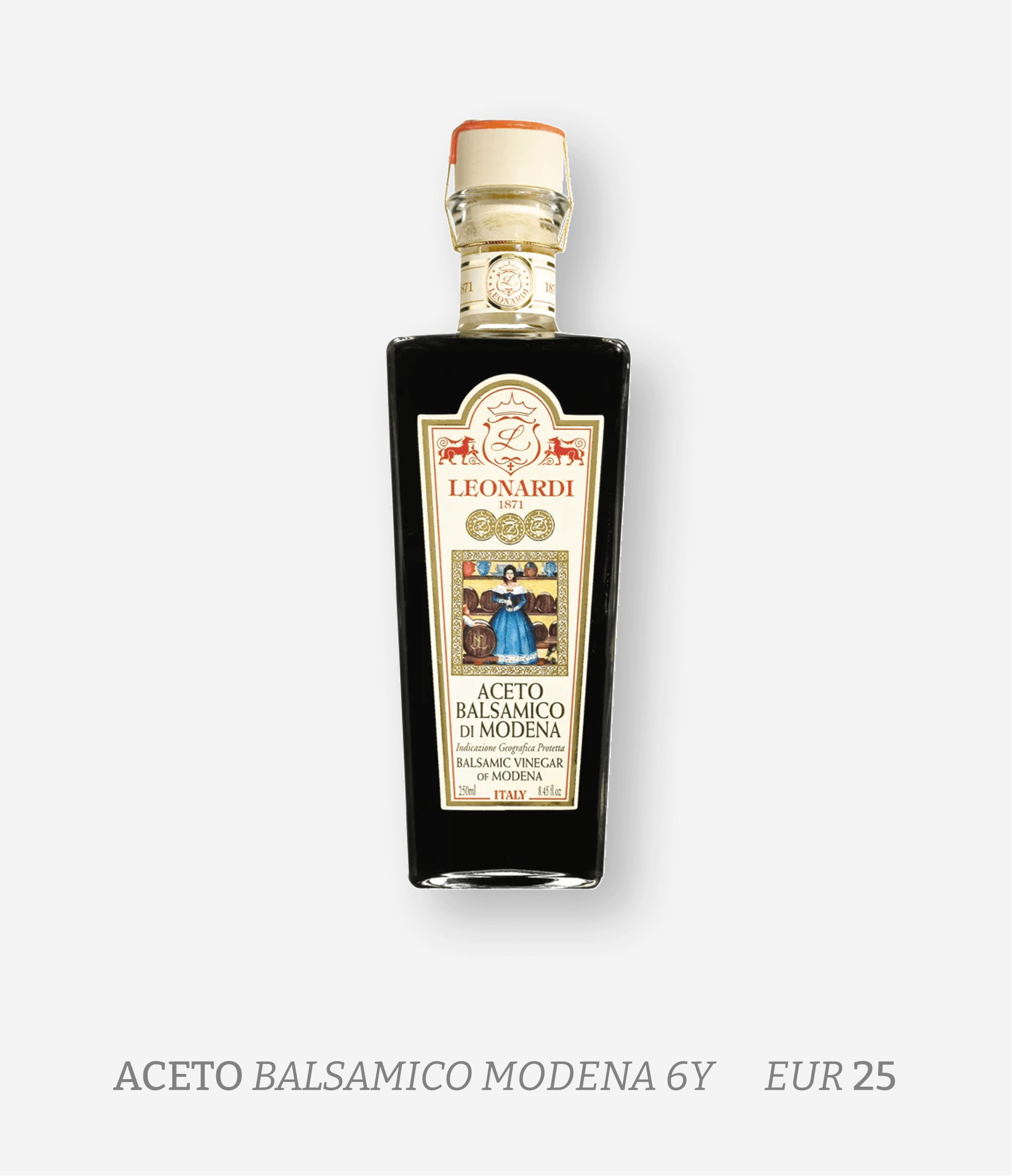 Bottle of Leondardi balsamic vinegar of Modena with a decorative label showing an illustration of a woman in blue dress, and text indicating it is balsamic vinegar from Italy.
