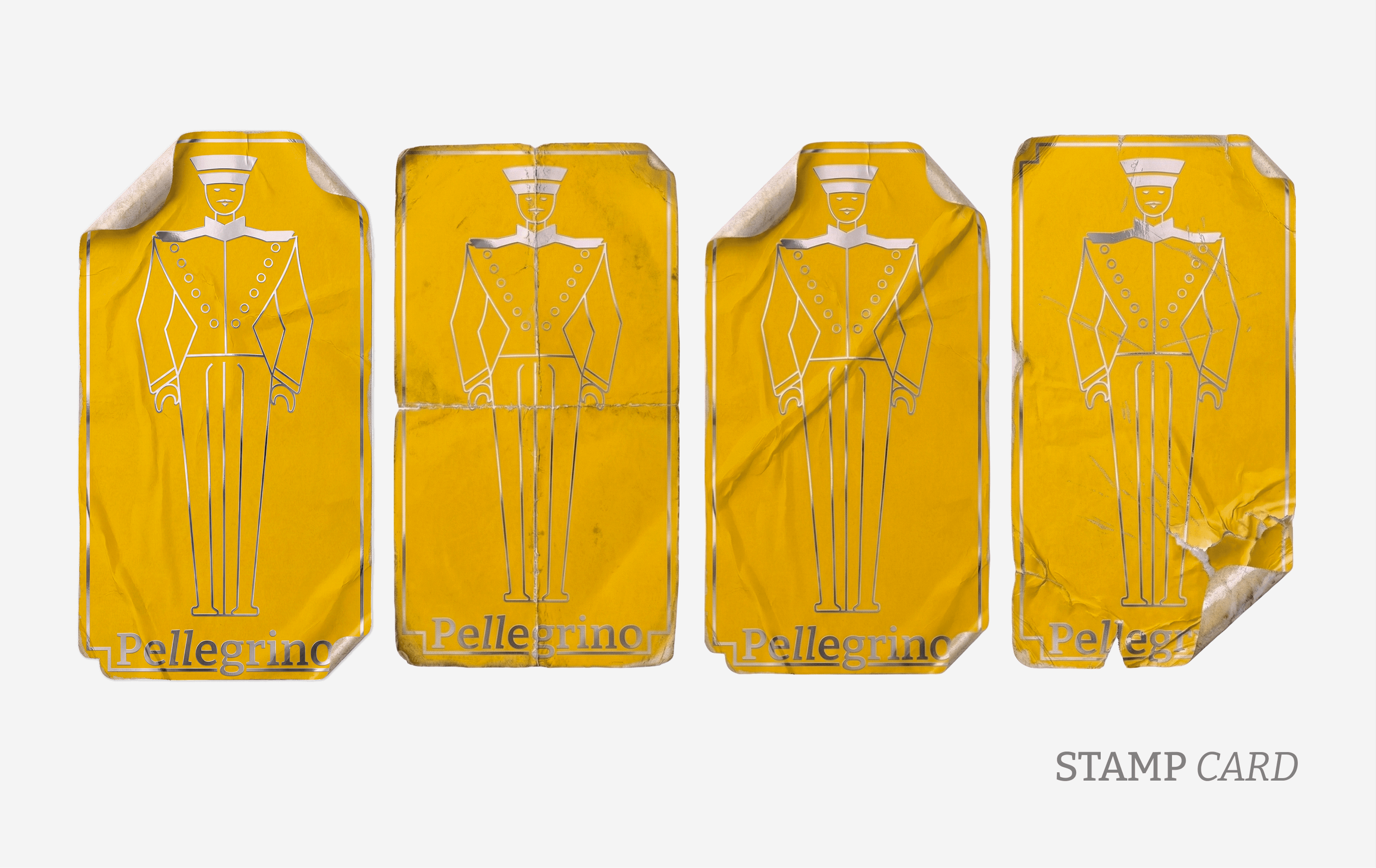 Four yellow stamped paper with a cartoon illustration of a man in uniform, with 'Pellegrino' written at the bottom, and a gray 'STAMP CARD' text in the lower right corner.