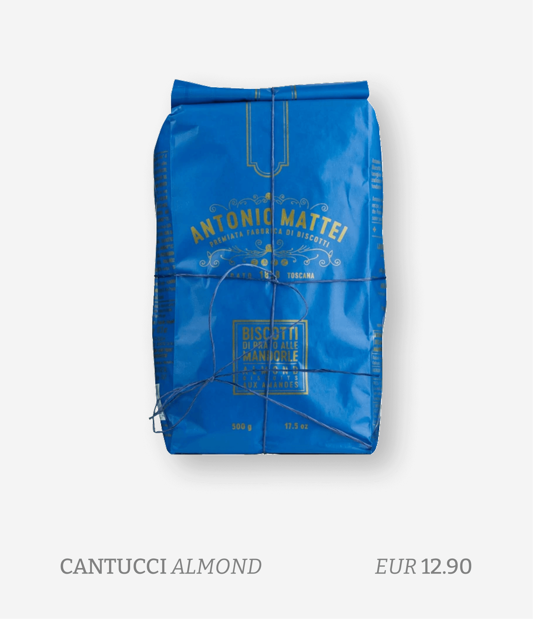 A blue package of almond candies from Antonio Mattei with yellow text, tied with string, priced at EUR 12.90.