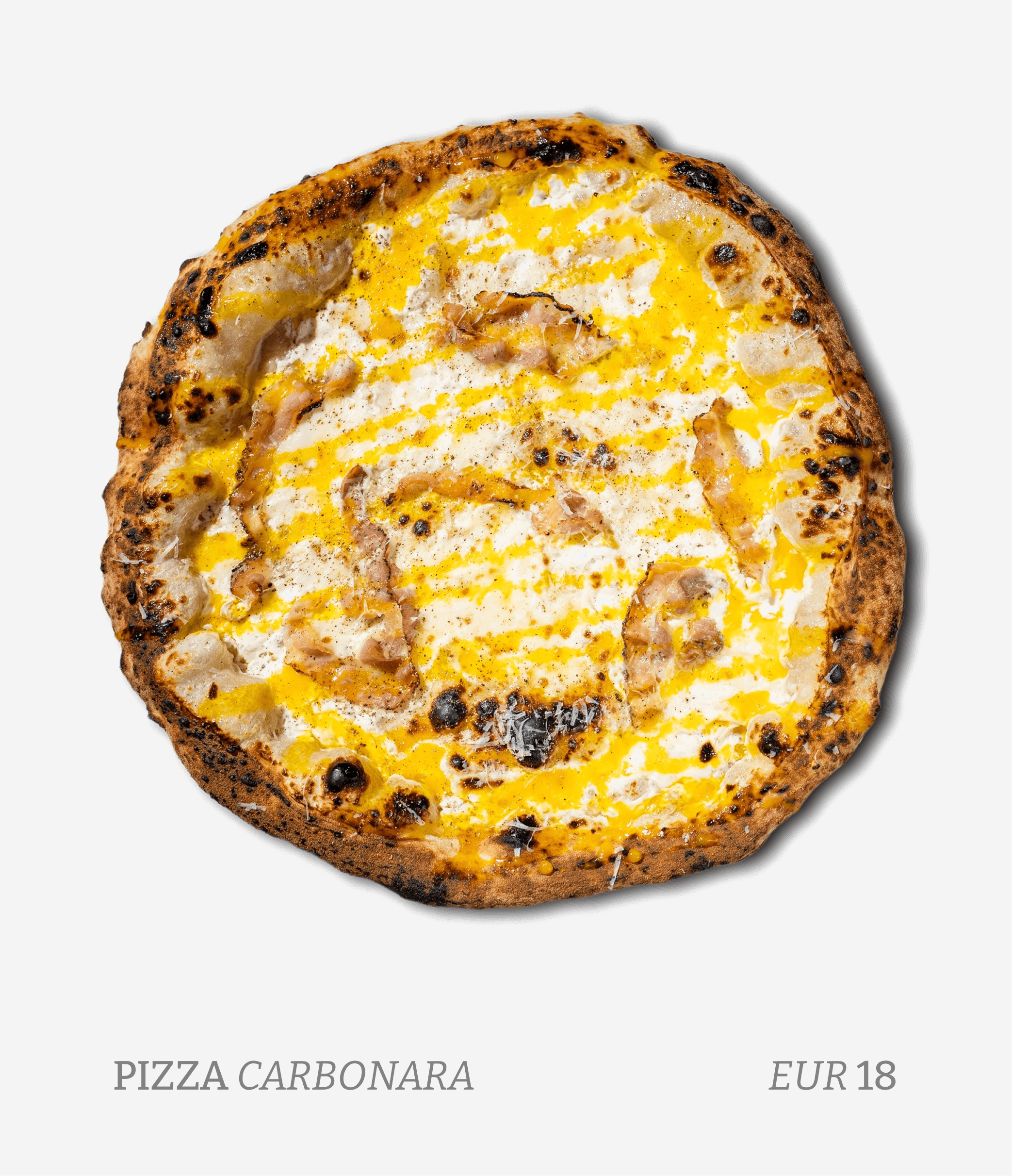 A pizza carbonara with a crispy crust, topped with eggs, cheese, and bits of bacon.