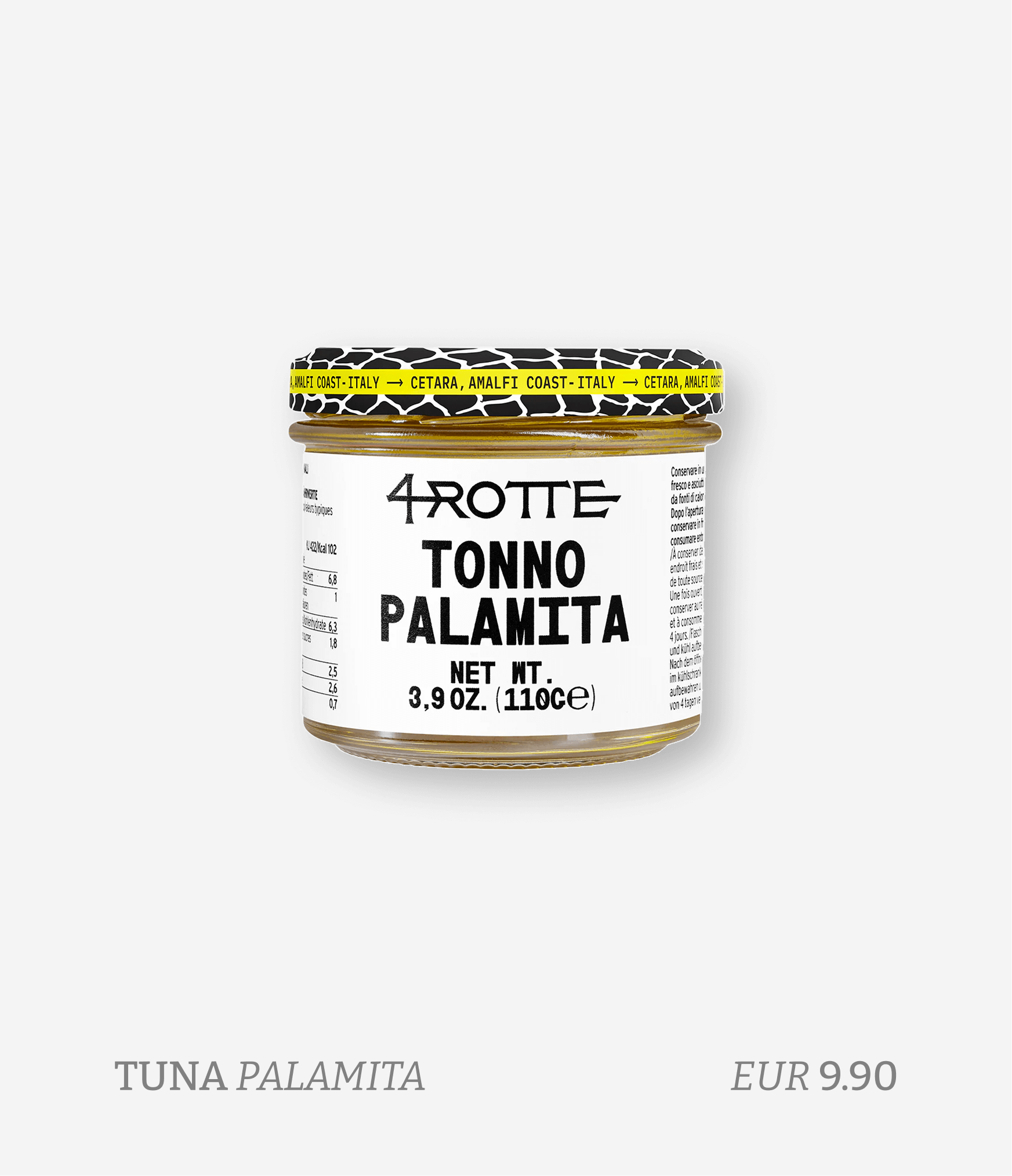A jar of tuna labeled '4 Rote Tonno Palamita' with a white background. Text below the jar reads 'TUNA PALAMITA' and the price is EUR 9.90.