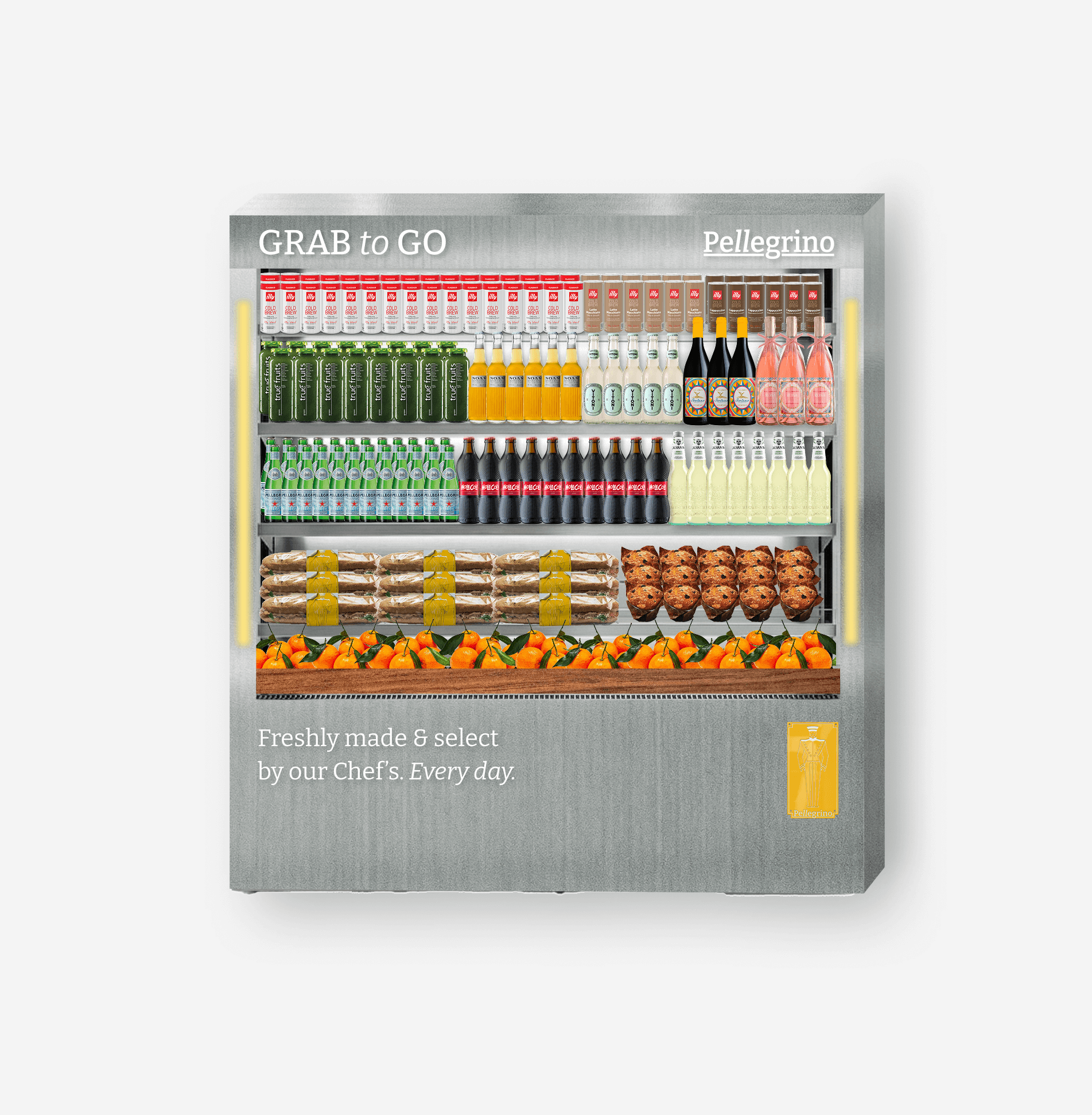 Refrigerated display case filled with soda bottles, cans, and bottled drinks, along with wrapped sandwiches, chicken wings, and oranges.