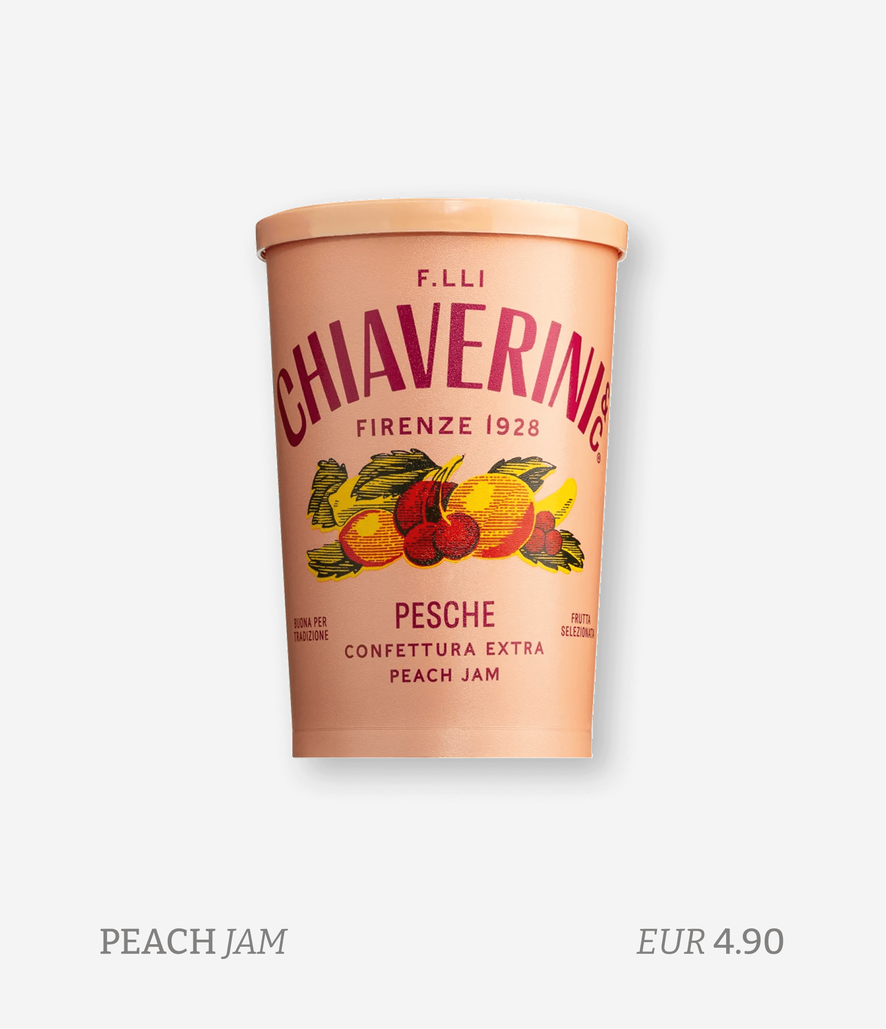 A pink container of Chavero Peach Jam with an illustration of peaches and cherries.