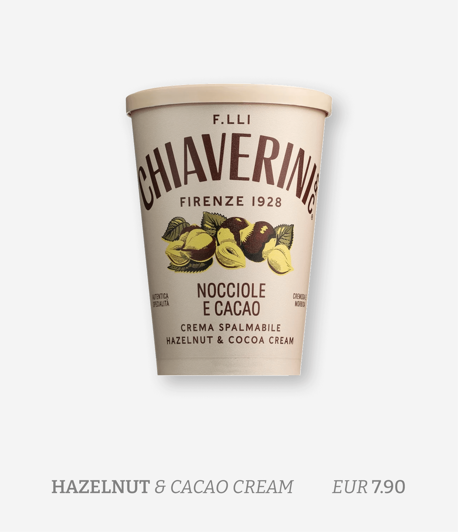 A cup of Chiarvinci ice cream with hazelnut and cacao flavor, with hazelnut illustrations on the label, priced at EUR 7.90.
