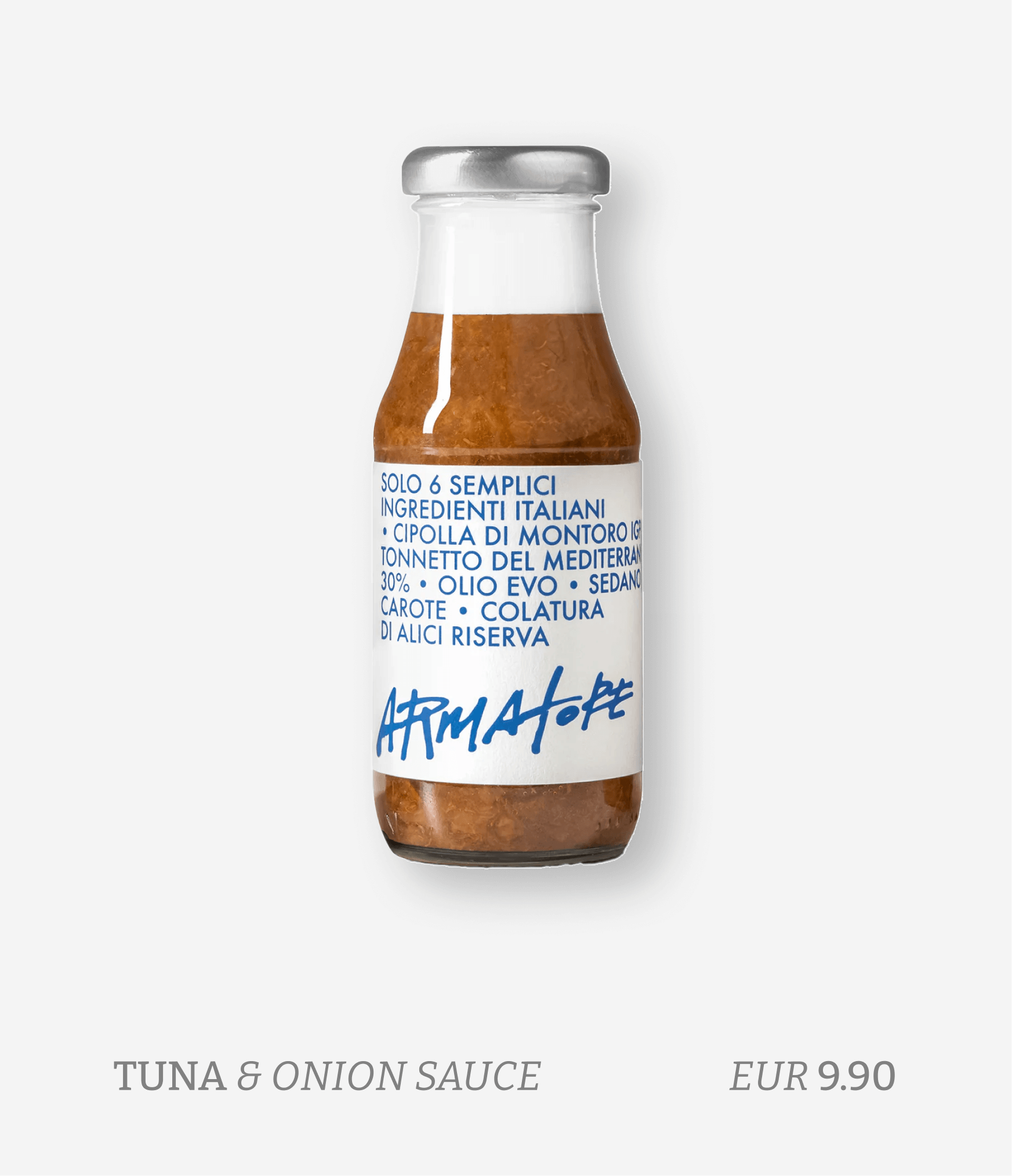A bottle of Italian tuna and onion sauce with a white label and blue text, placed against a plain background.