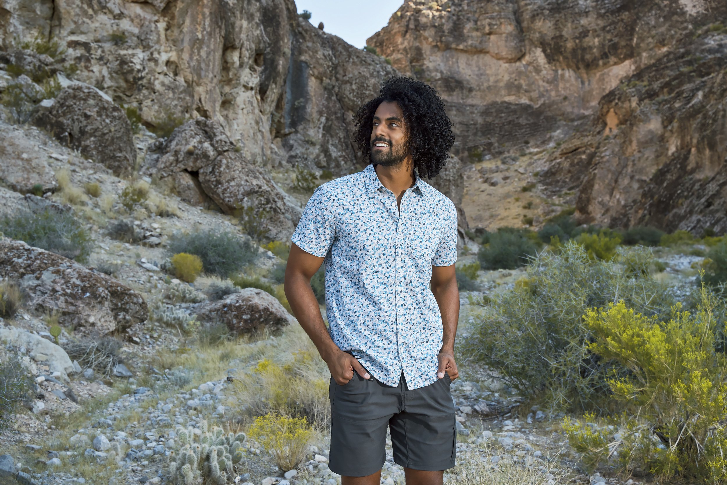 Prana Stretch Zion Shorts Prana Button Down Top Near Mojave Desert Ivins, Utah.