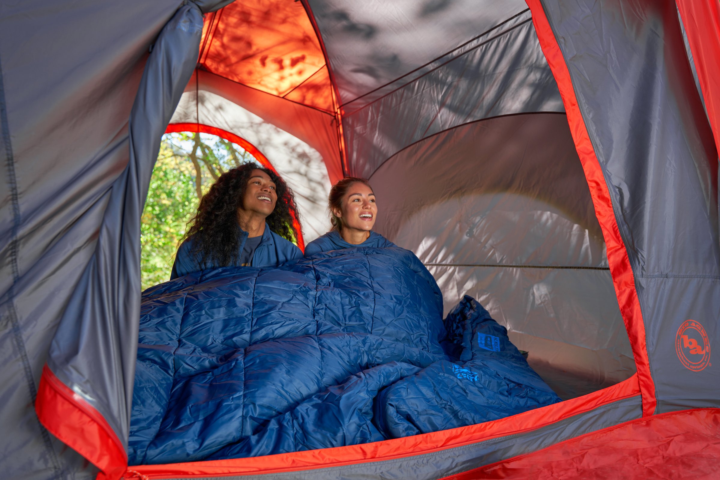 Couple Shares Kelty Sleeping Bag Inside Big Agnes Big House Tent.