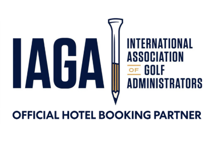 Logo of the International Association of Golf Administrators with the text 'Official Hotel Booking Partner'.
