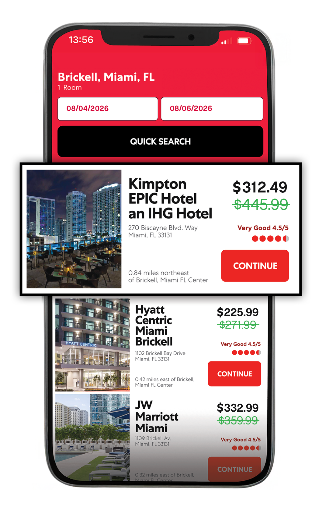 Mobile app screen displaying hotel options in Brickell, Miami, FL, with hotel names, addresses, images, prices, ratings, and continue buttons.