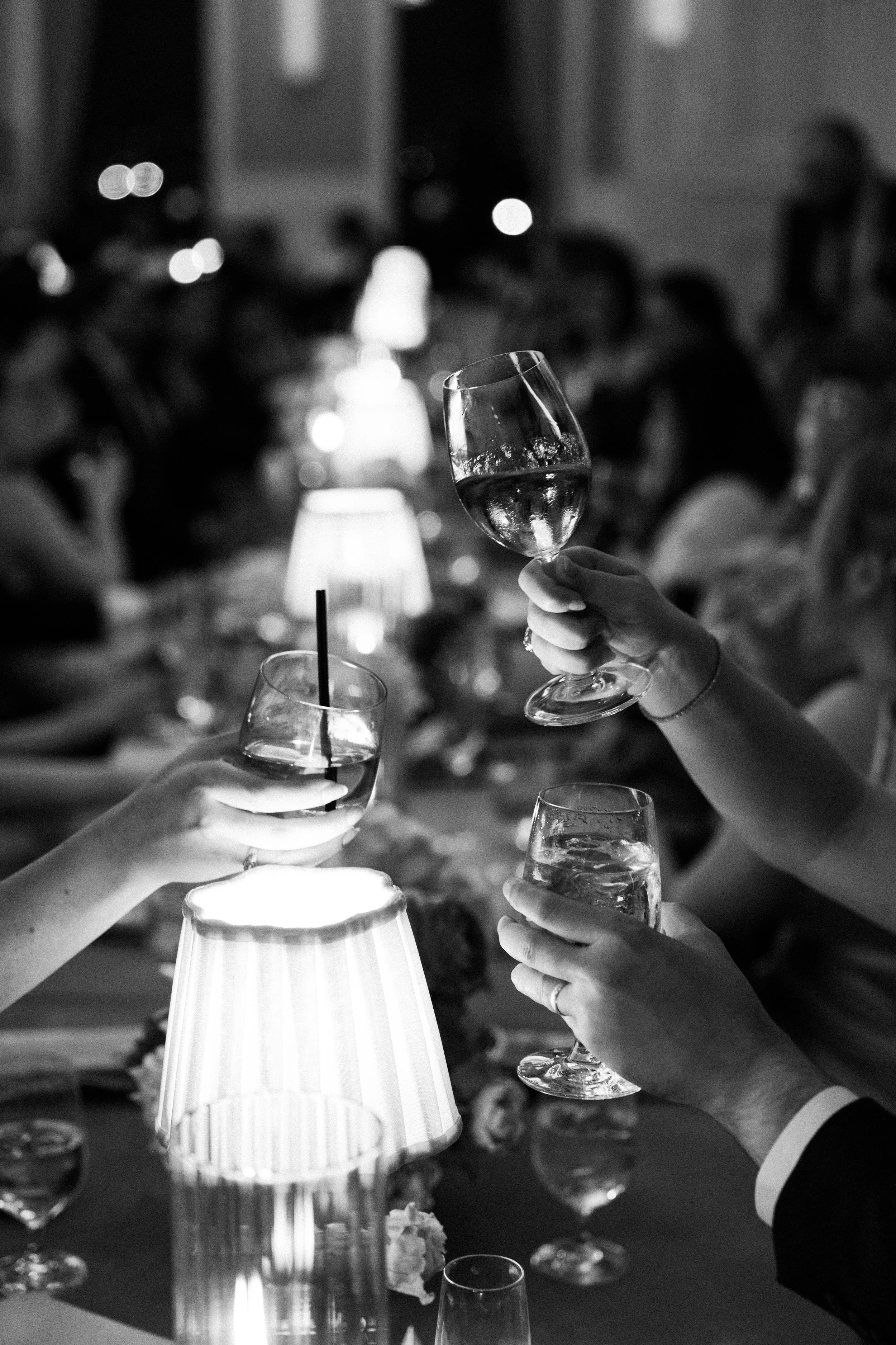 Wedding guests toasting the newlyweds during an elegant reception in Dallas, Texas.