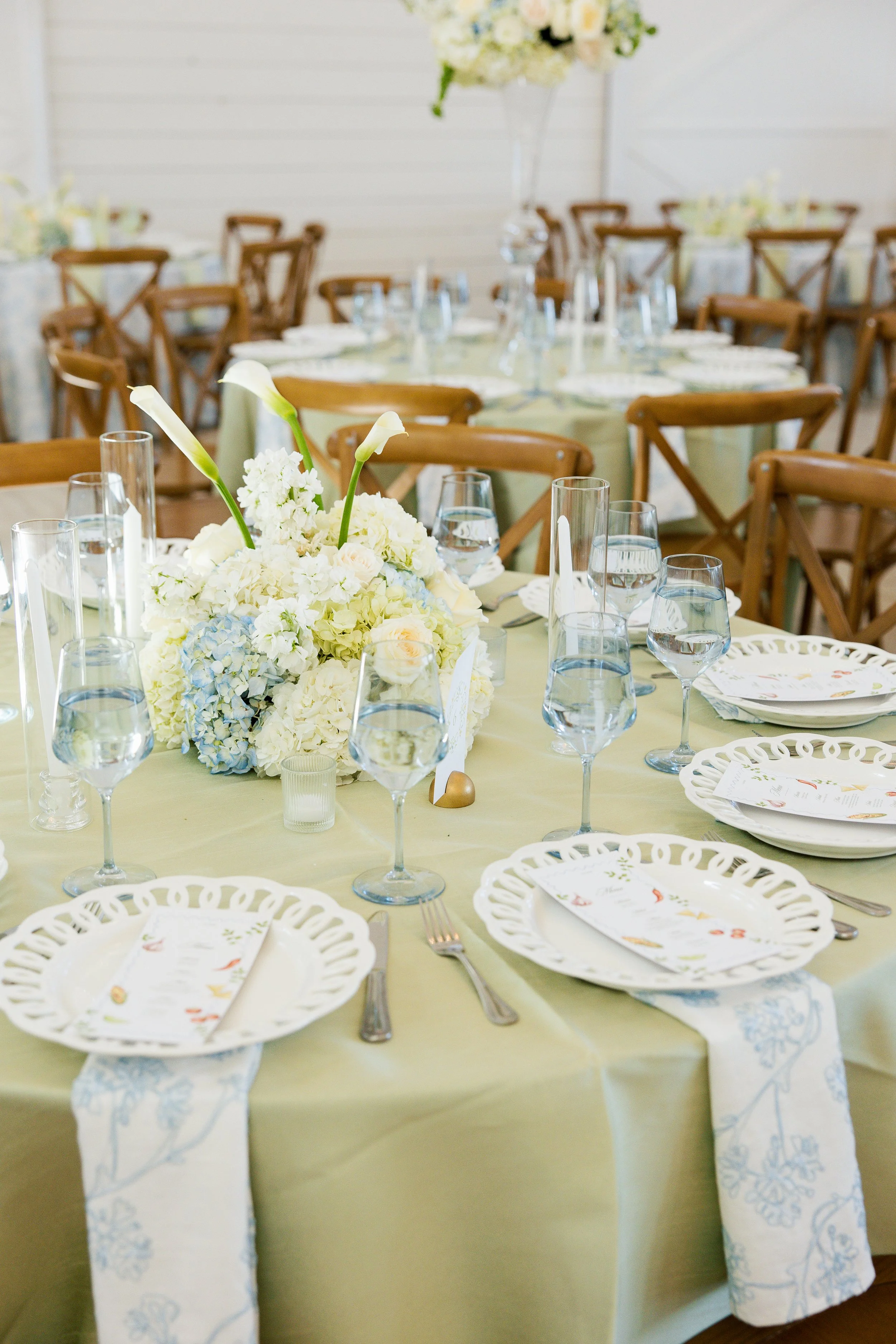Blue and Green bright tablescape for fun elevated wedding in Valley View, Texas at The Gardenia Venue.