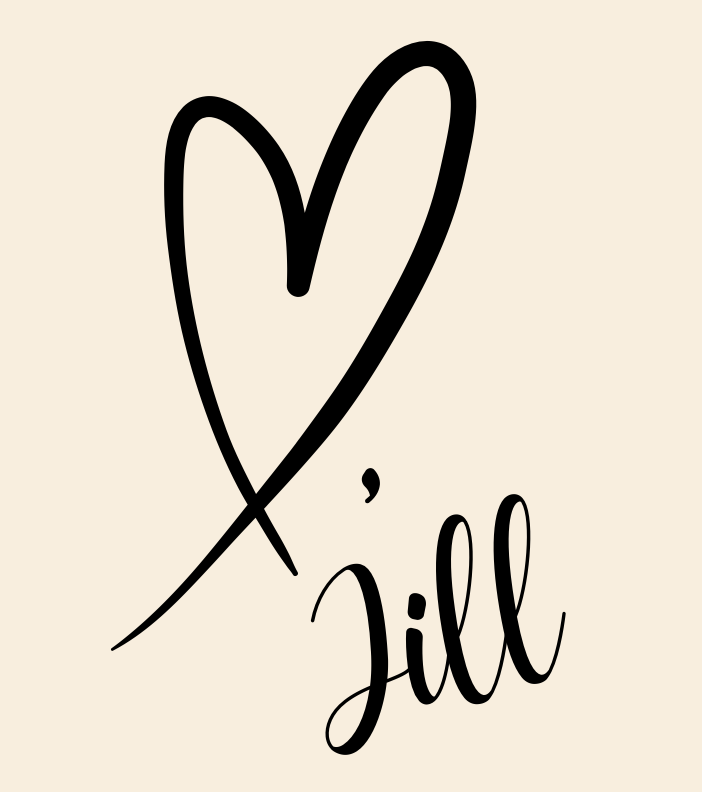 A black outline of a heart with a trailing line, next to the word 'Jill' written in cursive, on a beige background.