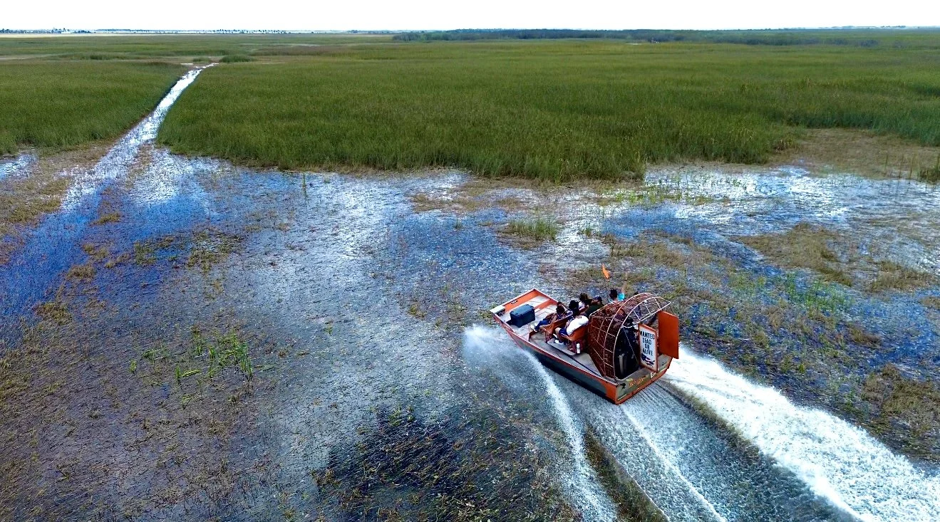 Airboat traveling through a sawgrass marsh in the Everglades