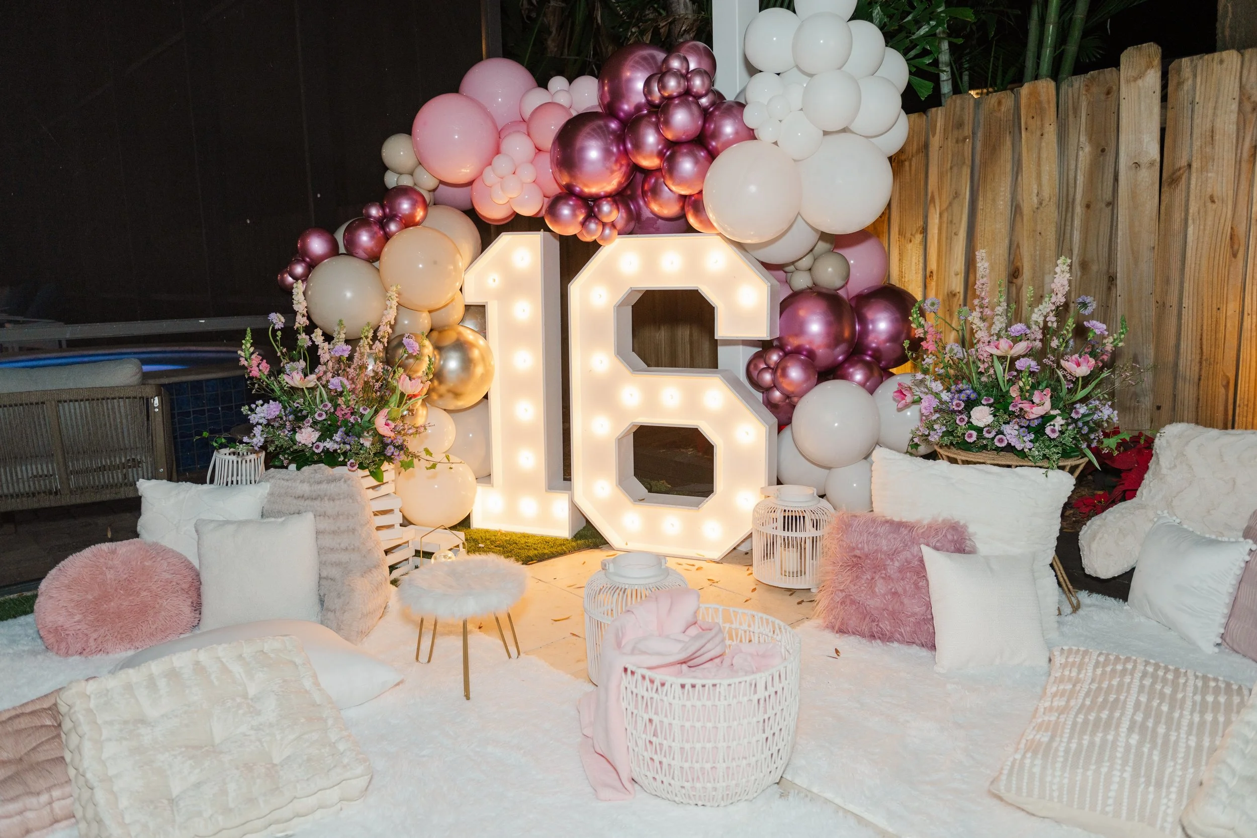 sweet 16 birthday party decor with luxury balloons and marquee numbers in Sarasota