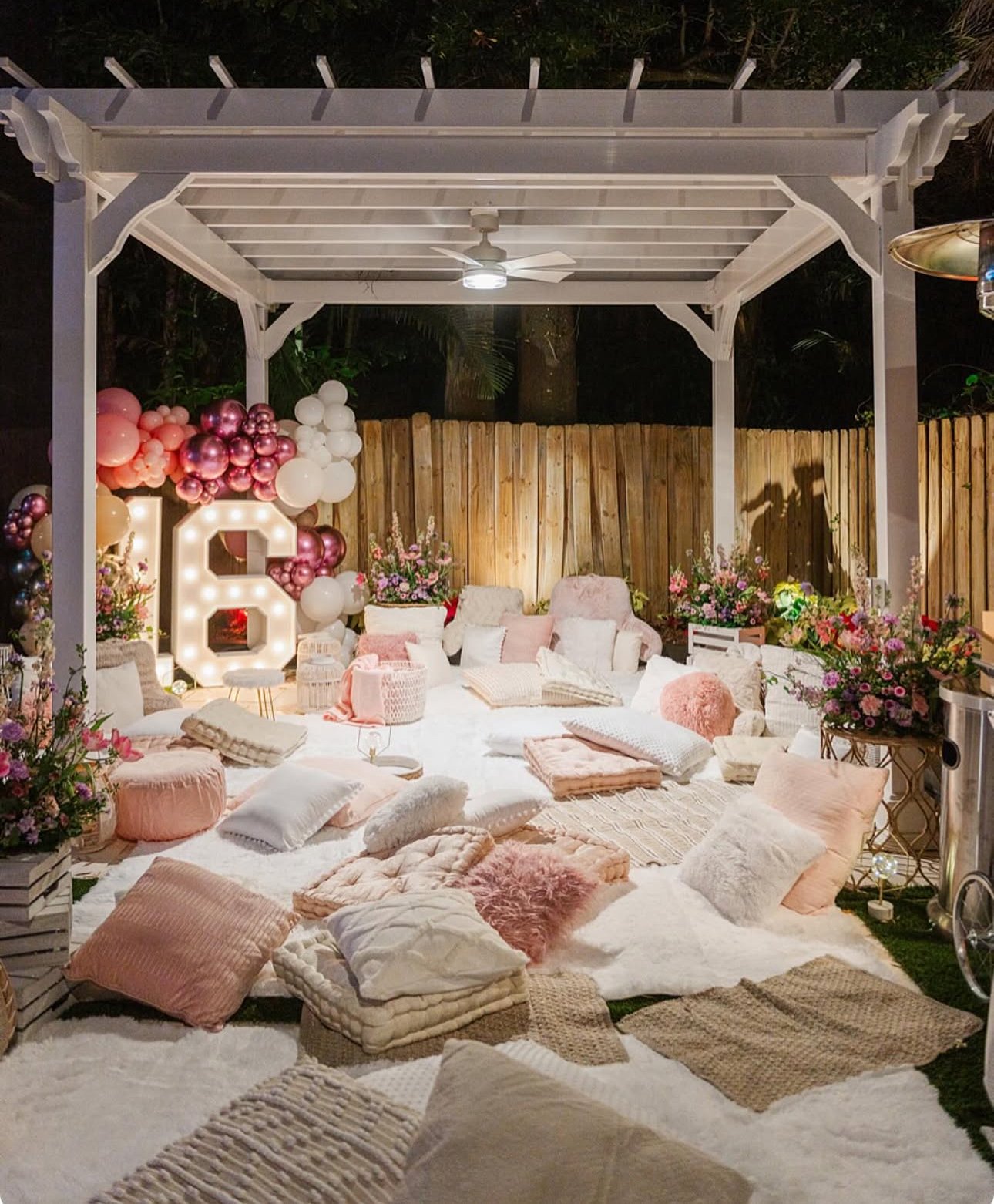 outdoor luxury sleepover party with pillow floor