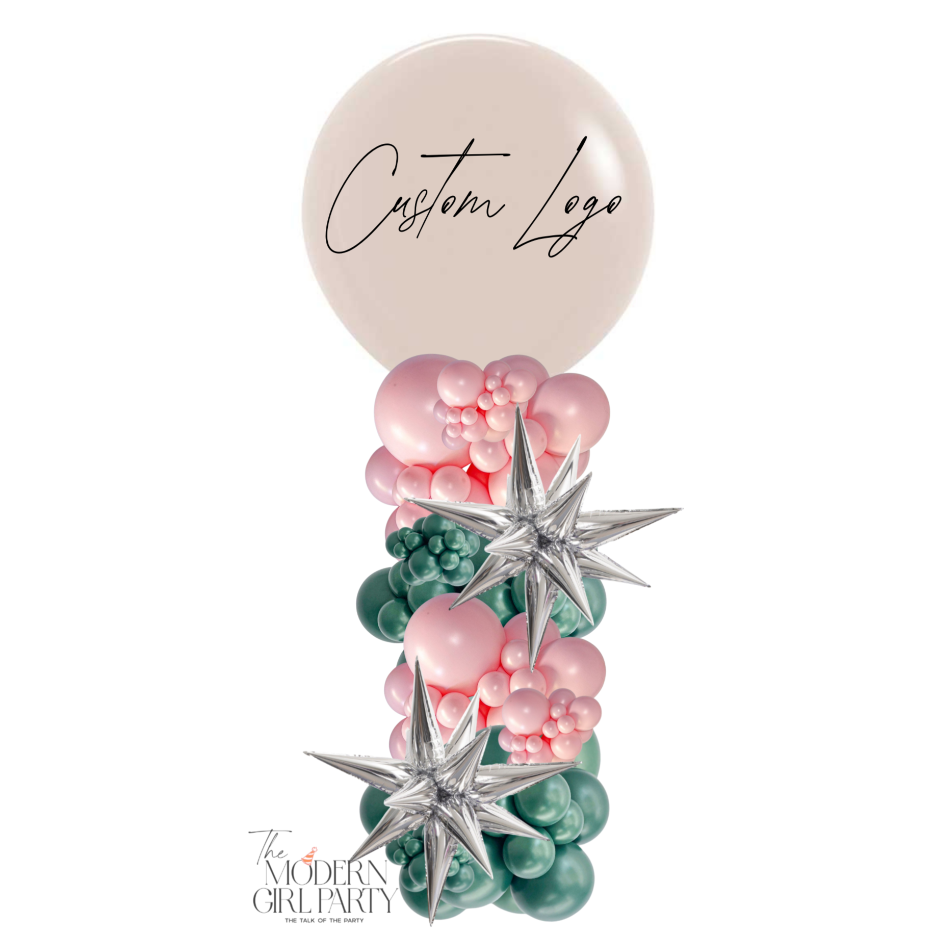 Decorative balloon arrangement with pink, green, and silver balloons, large balloon reading 'Custom Logo' at the top, and 'The Modern Girl Party' logo at the bottom.