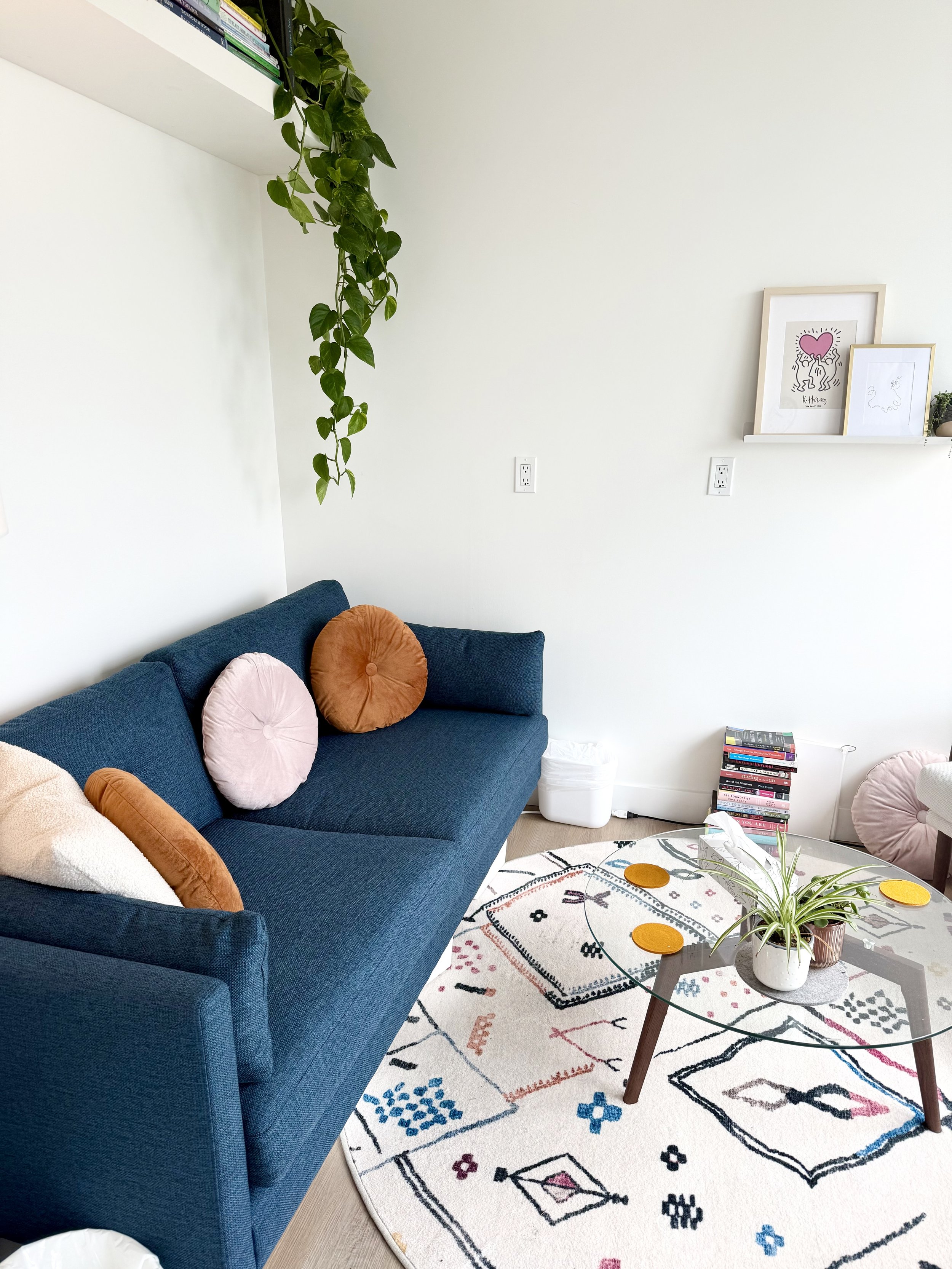 A living room corner featuring a blue sofa with orange, pink, and beige round pillows. A white patterned rug with colorful designs and a glass coffee table with a potted plant. Behind the sofa, there is a white wall with framed artwork and a shelf with books. A green hanging plant drapes from a white shelf.