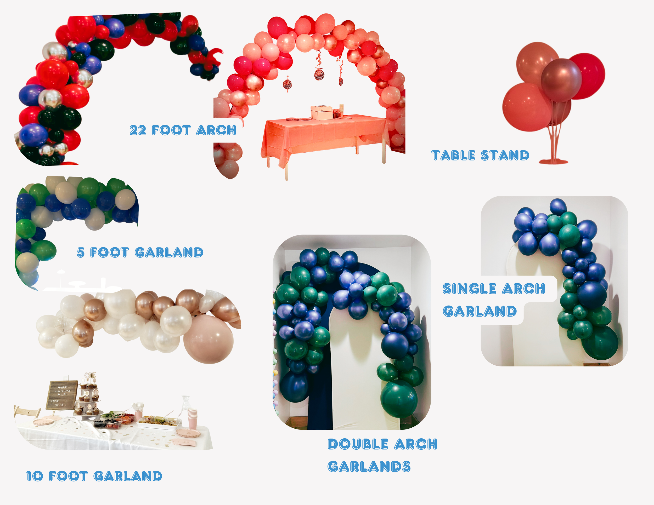 Collection of different balloon arches and garlands with labels indicating their sizes, including a 22-foot arch, 5-foot garland, 10-foot garland, double arch garlands, and single arch garland, along with a table stand of balloons.