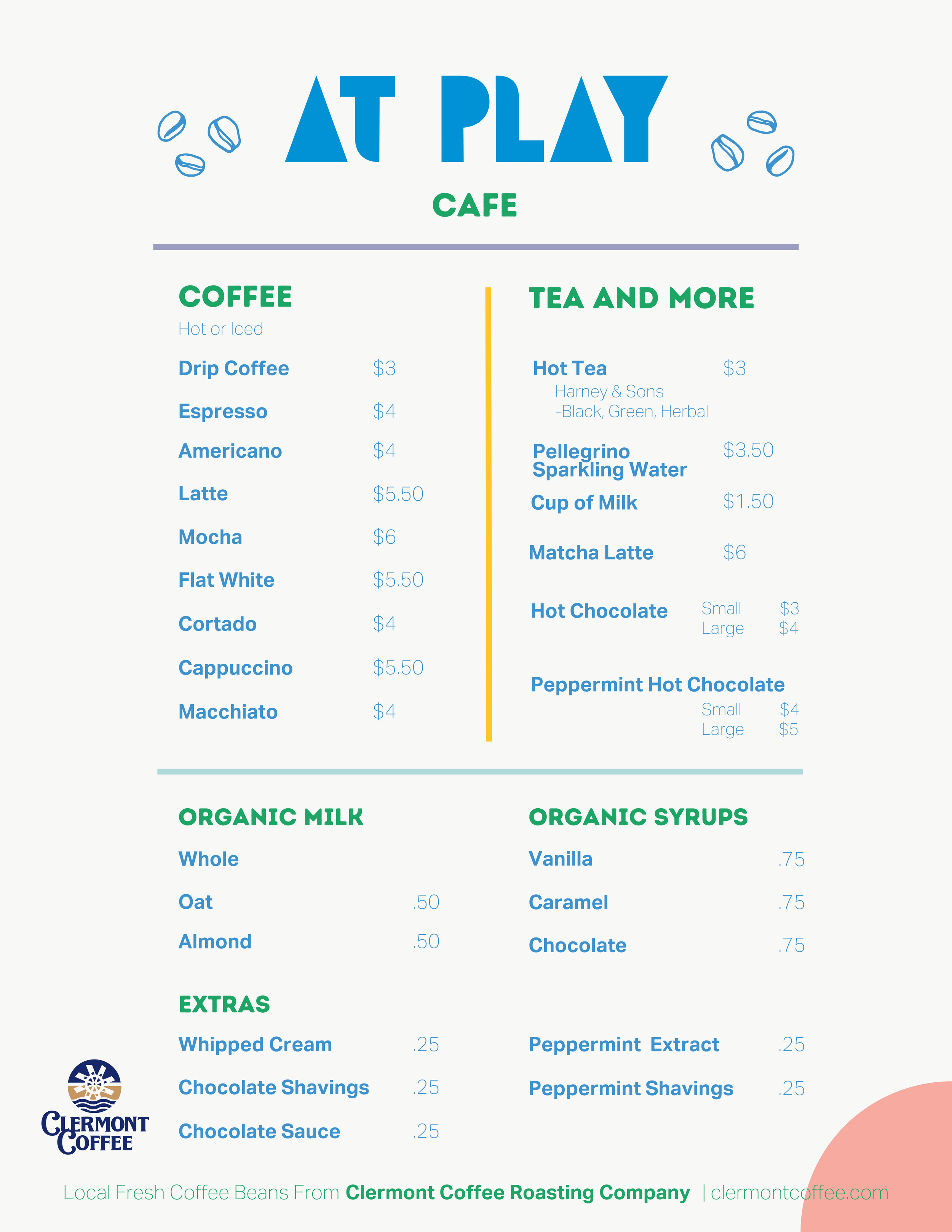 Menu from a cafe called 'At Play' featuring coffee, tea, organic milk, syrups, and extras, with prices listed for each item.