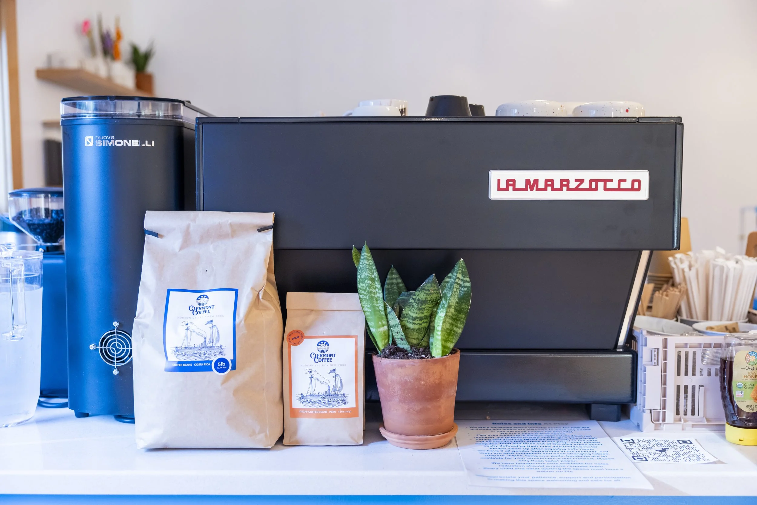 A Nespresso coffee machine with Moka pot on top, two bags of Clermont coffee, a small potted snake plant, and various coffee cups and accessories on a countertop.