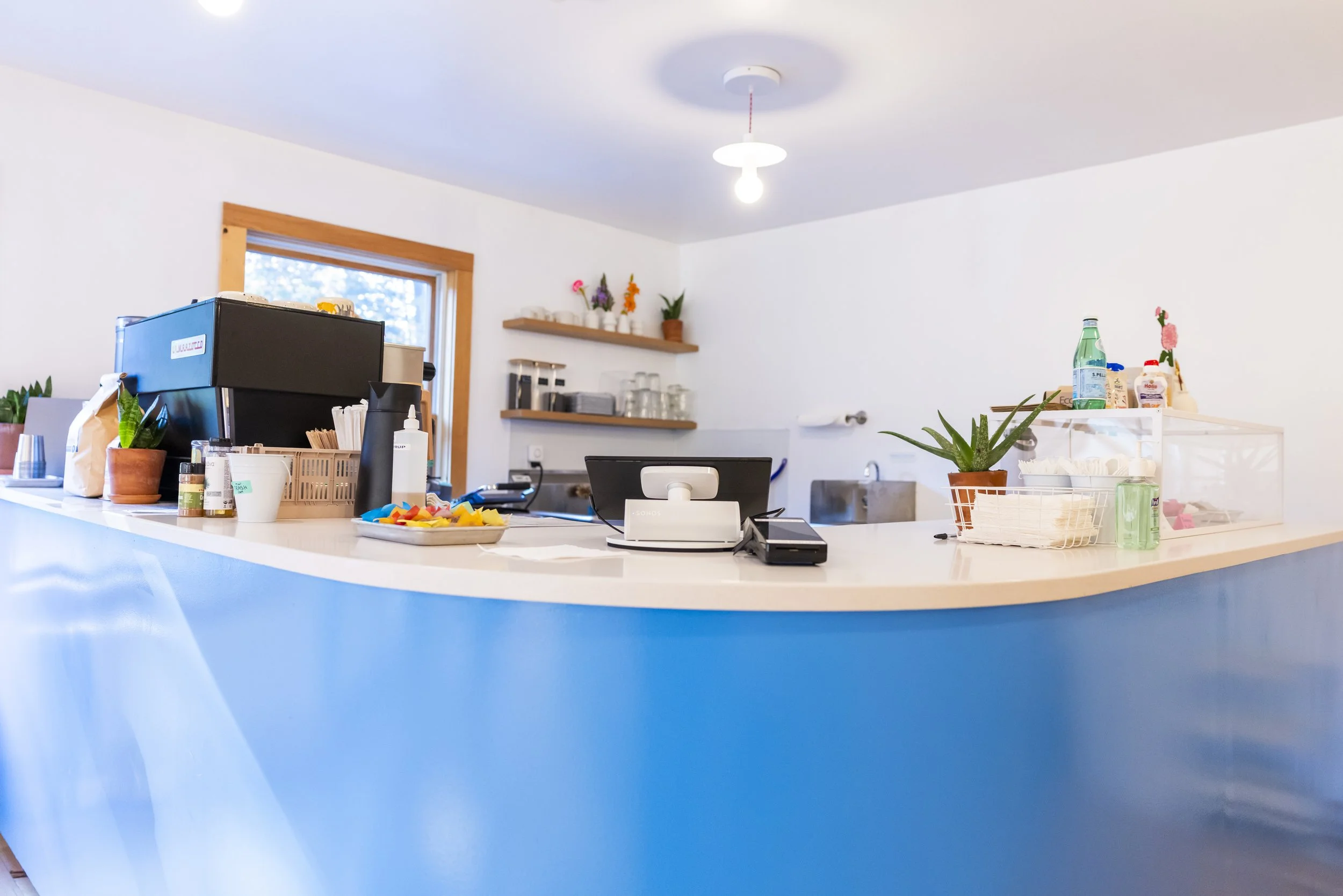 Finely decorated modern coffee shop counter with coffee machine, potted plants, and various supplies, with a window and white walls in the background.
