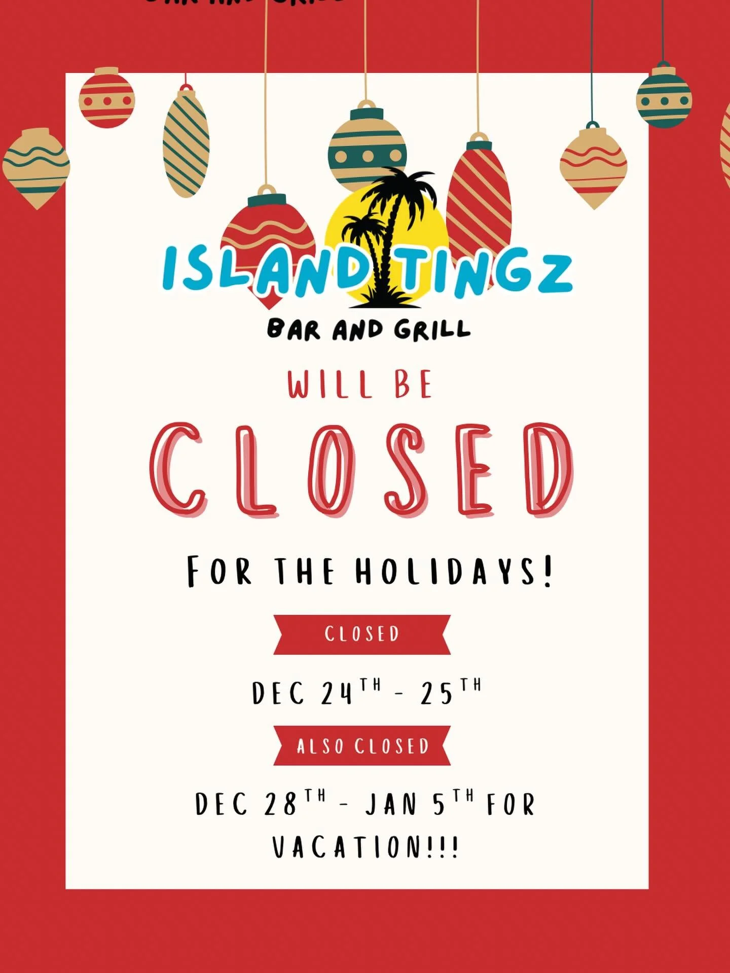 🚨PSA ‼️

We will be closed for the following dates this holiday season! We would like to wish everyone a very Merry Christmas 🎄 , Happy Holiday 🎉 and Happy New Year ✨💫! Peace ☮️ and Love ❤️ to all! We look forward to seeing you all in the coming 