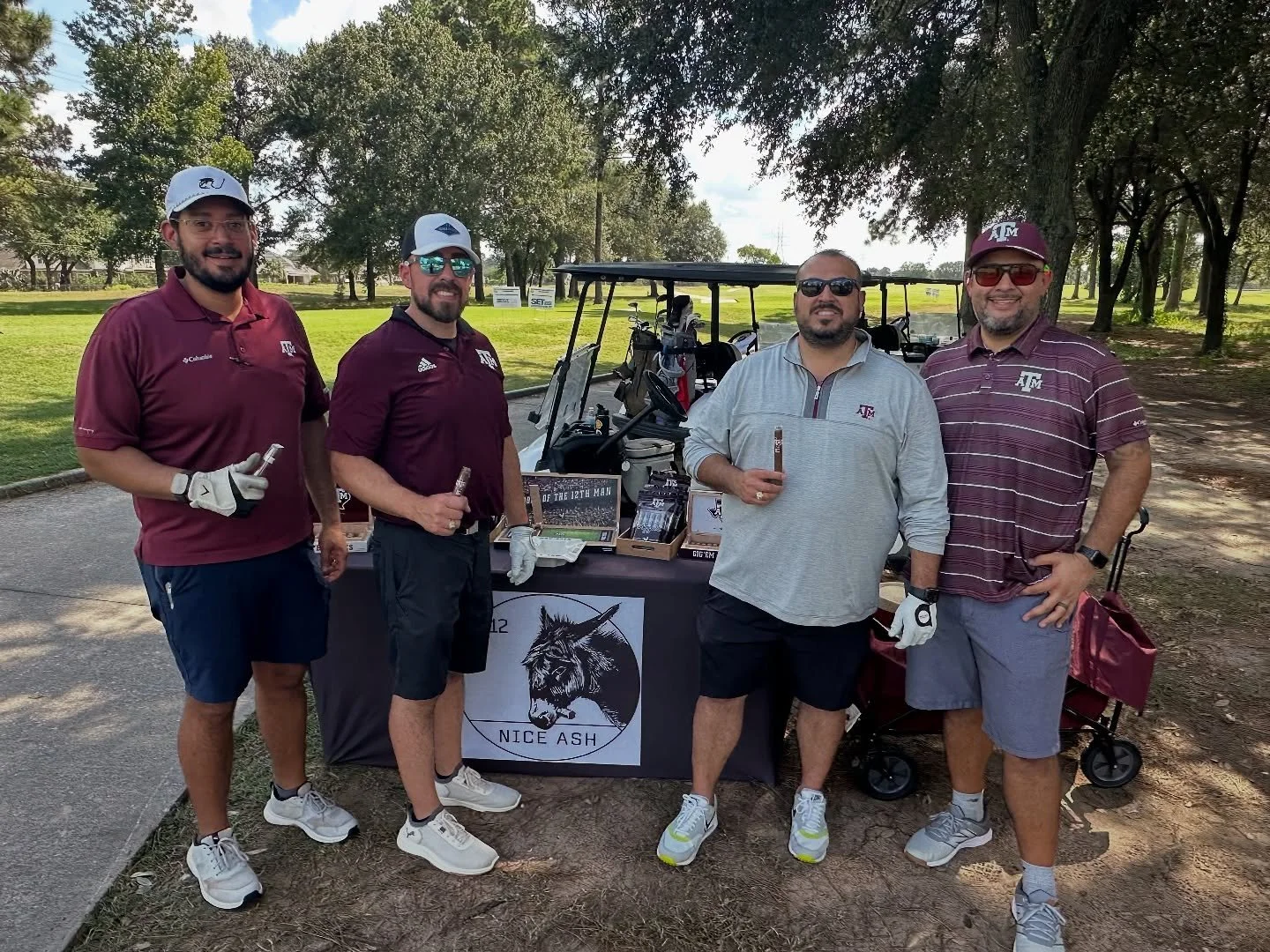 We traded the lounge for the links โณ๏ธ๐ฅ Nice Ash set up on the golf course with our TAMU Cigars by @bocockbroscigars  and joined in celebrating the tournament champs—Aggie style, of course. ๐๐ผ
We’re all ready for the game tomorrow! Are
