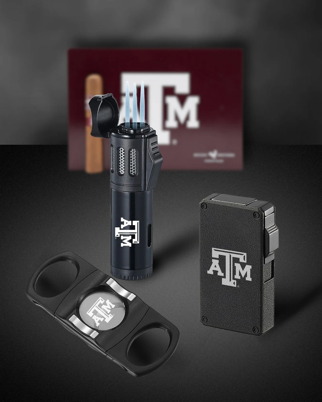 You can’t light up Aggie cigars without the gear to match.โจIntroducing the Aggie Straight Cigar Cutter with built-in rest, the Aggie Wind-Resistant Torch Flame Lighter, and the Texas A&M Triple Flame Torch Lighter — built for power, p