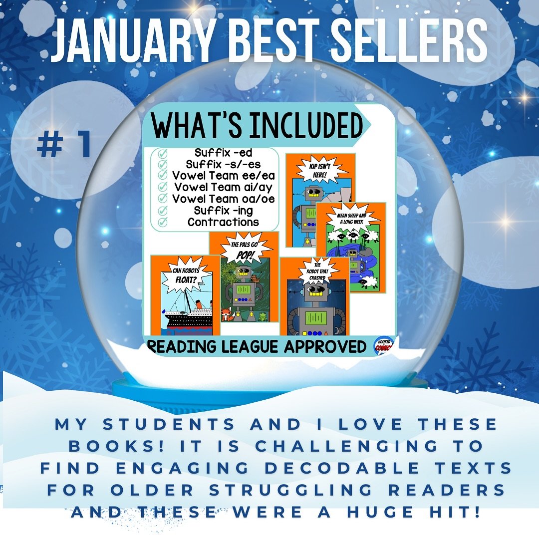🌨️ January Best Sellers! 🌨️

Here is what you loved this month in TpT!

1️⃣Jack and Sam Bundle. This resource is jam-packed with seven decodable comics. This was our first ever bundle and continues to be one of the favorites!

2️⃣ Robot and Friends