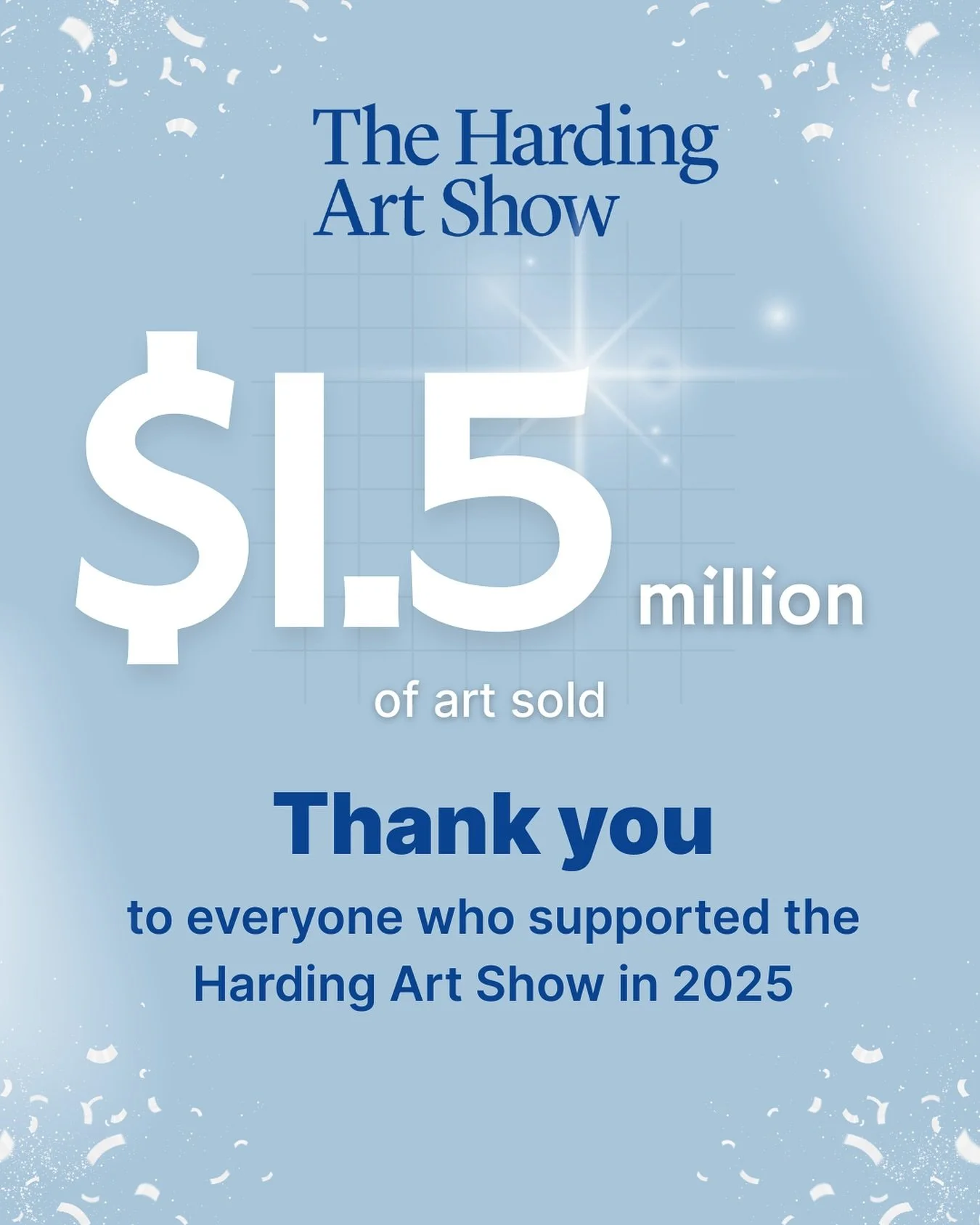 Thank you to everyone who supported the 50th Anniversary of The Harding Art Show, which surpassed $1 million in art sales for the 4th consecutive year.  Special thanks to our featured artist @LauraMcCarty and our talented group of artists, dedicated 