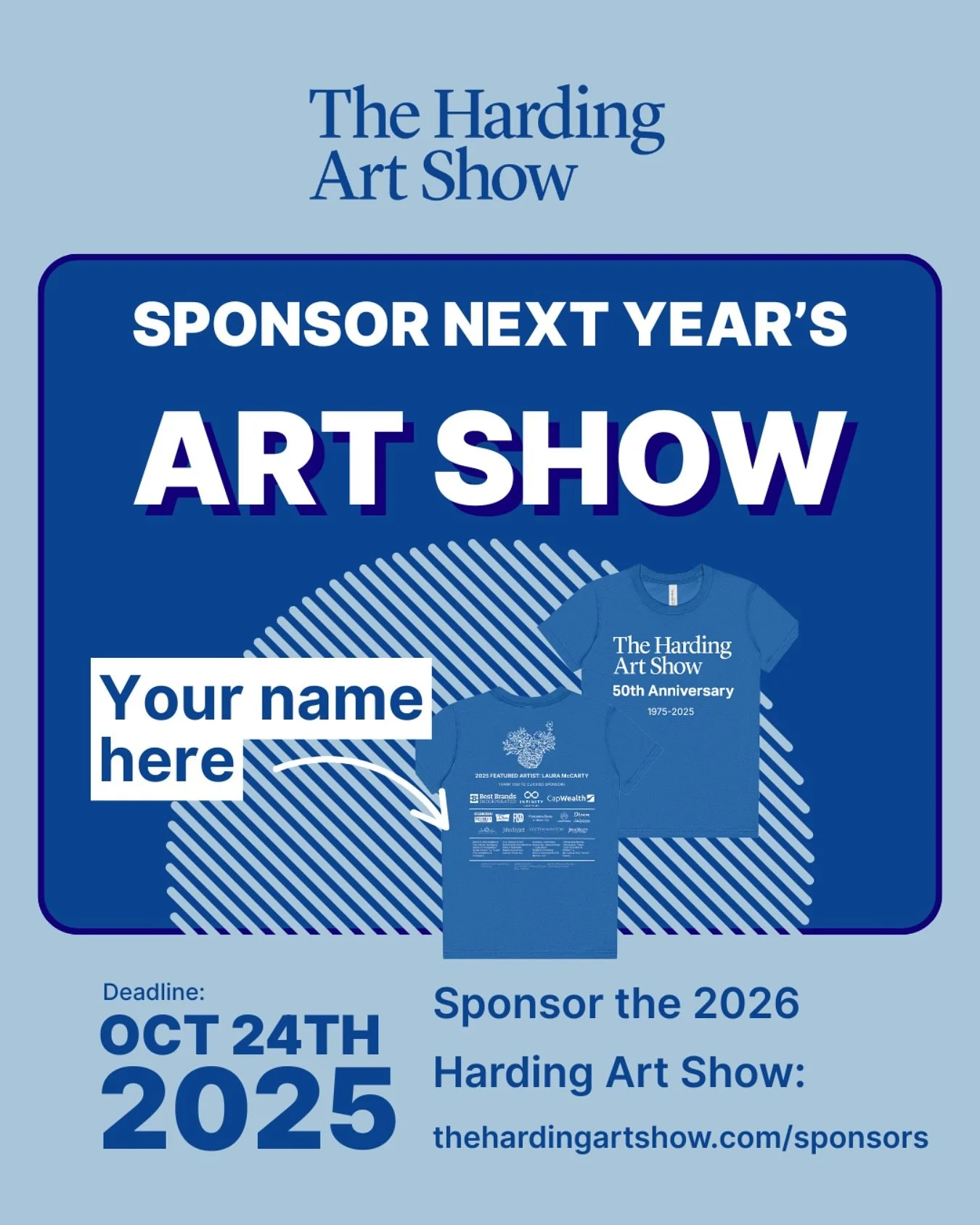 Want to sponsor the 2026 Harding Art Show? Make your commitment by October 24 to maximize your sponsorship benefits. Multiple levels of sponsorship are available. Visit our website thehardingartshow.com/sponsors for details!