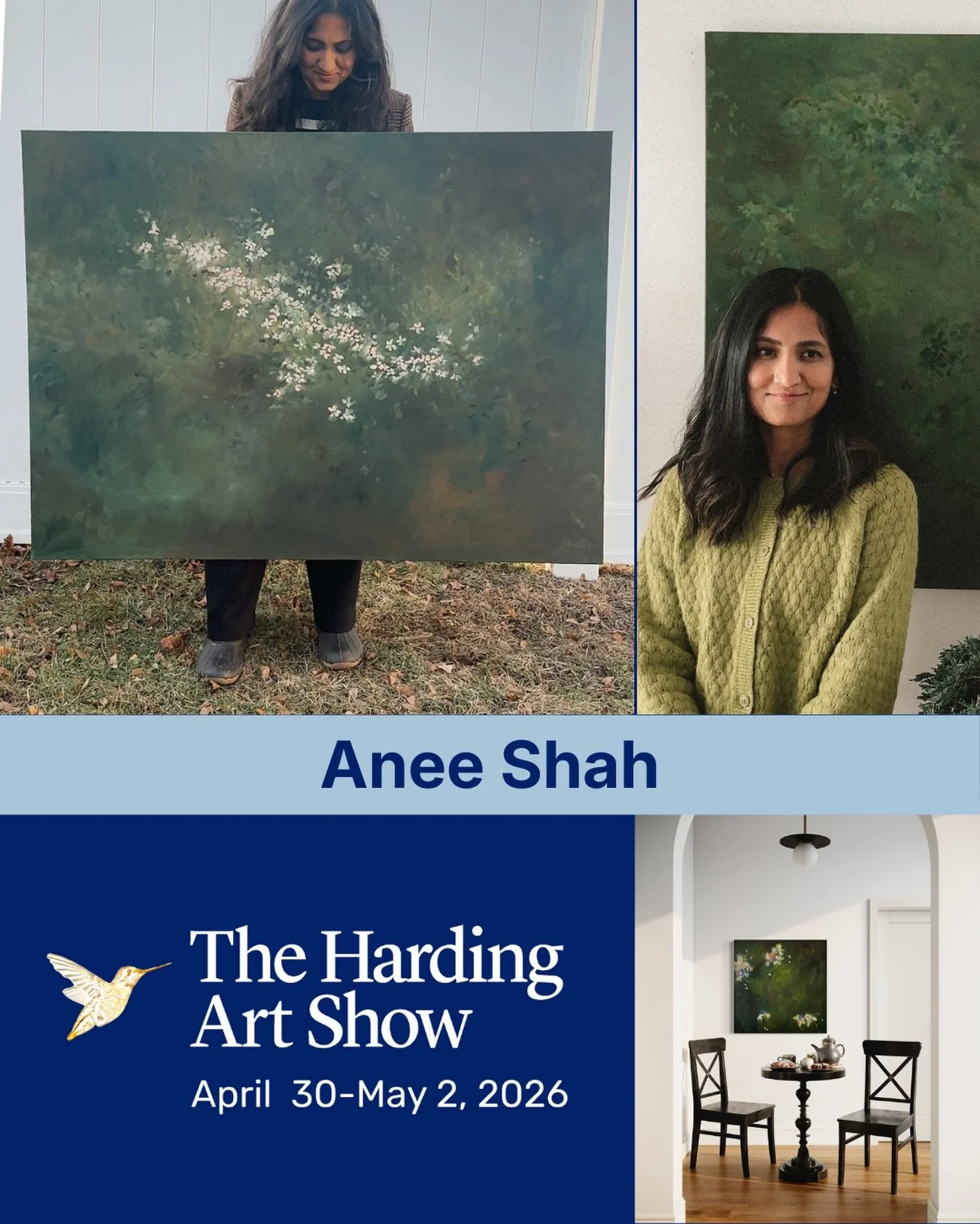 Anee Shah @aneeshahstudio, a self-taught artist in Boston, traded a decade in science for a life rooted in art and family. Her work is a nod to nature and nostalgia. She paints with mixed media using gestural brushstrokes with emphasis on exploring c