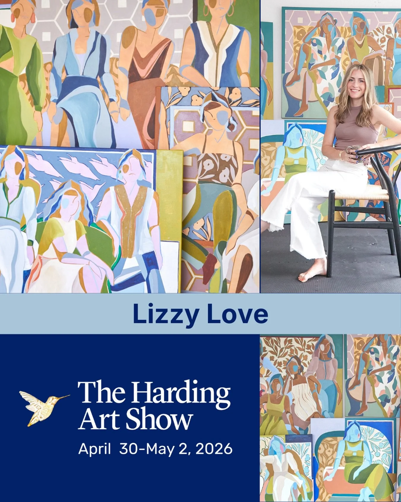 Lizzy @LizzyLoveArt creates figurative artworks using acrylic paints on canvas, as well as watercolor and gouache on paper. She gravitates towards large-scale creations and embrace layered patterns and architectural elements juxtaposed with feminine 