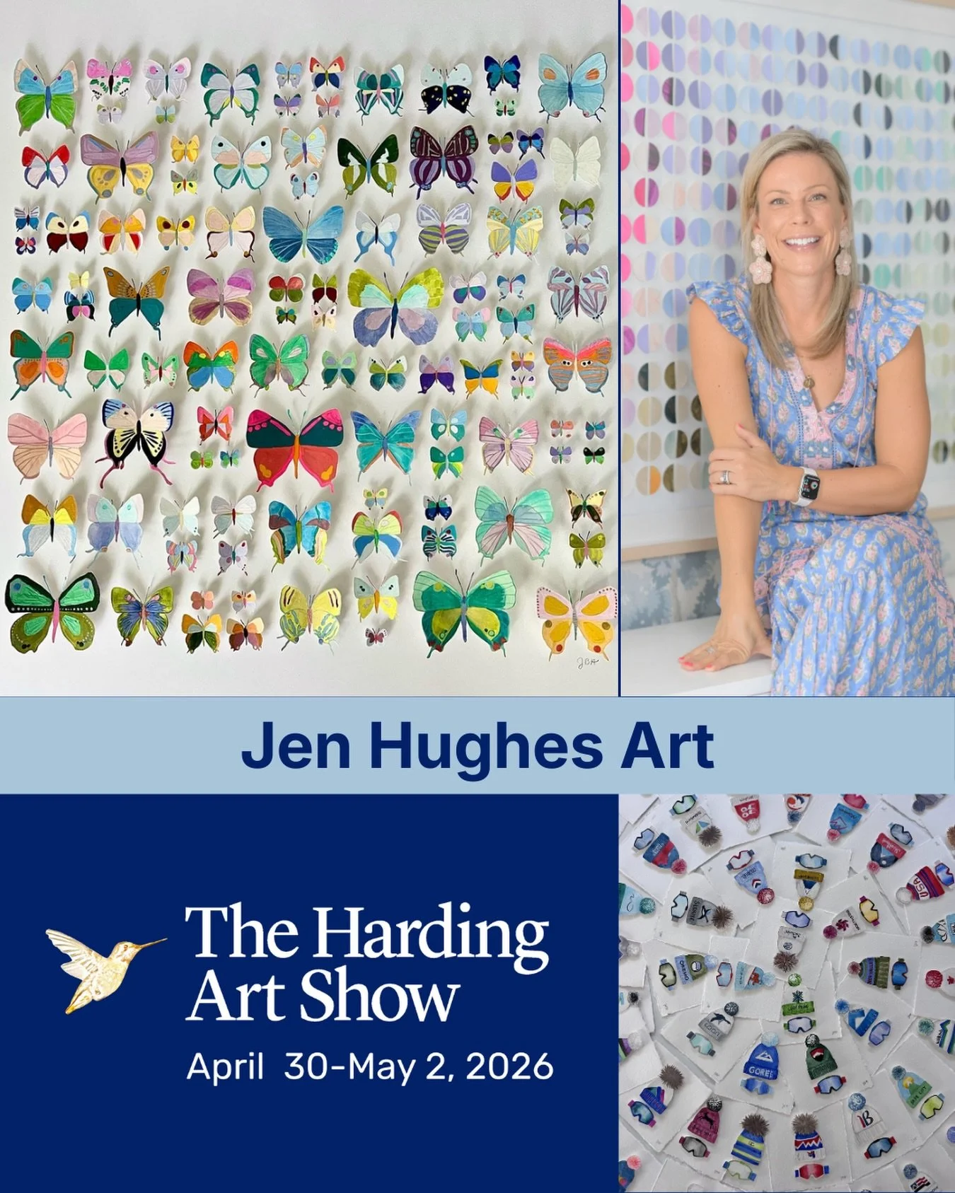 Jen Hughes @jenhughesart is a Houston based artist.  Her career in art began with watercolor house portraits and whimsical animal paintings, but she is best known for her multidimensional, mixed media pieces.  Jen&rsquo;s compositions are filled with