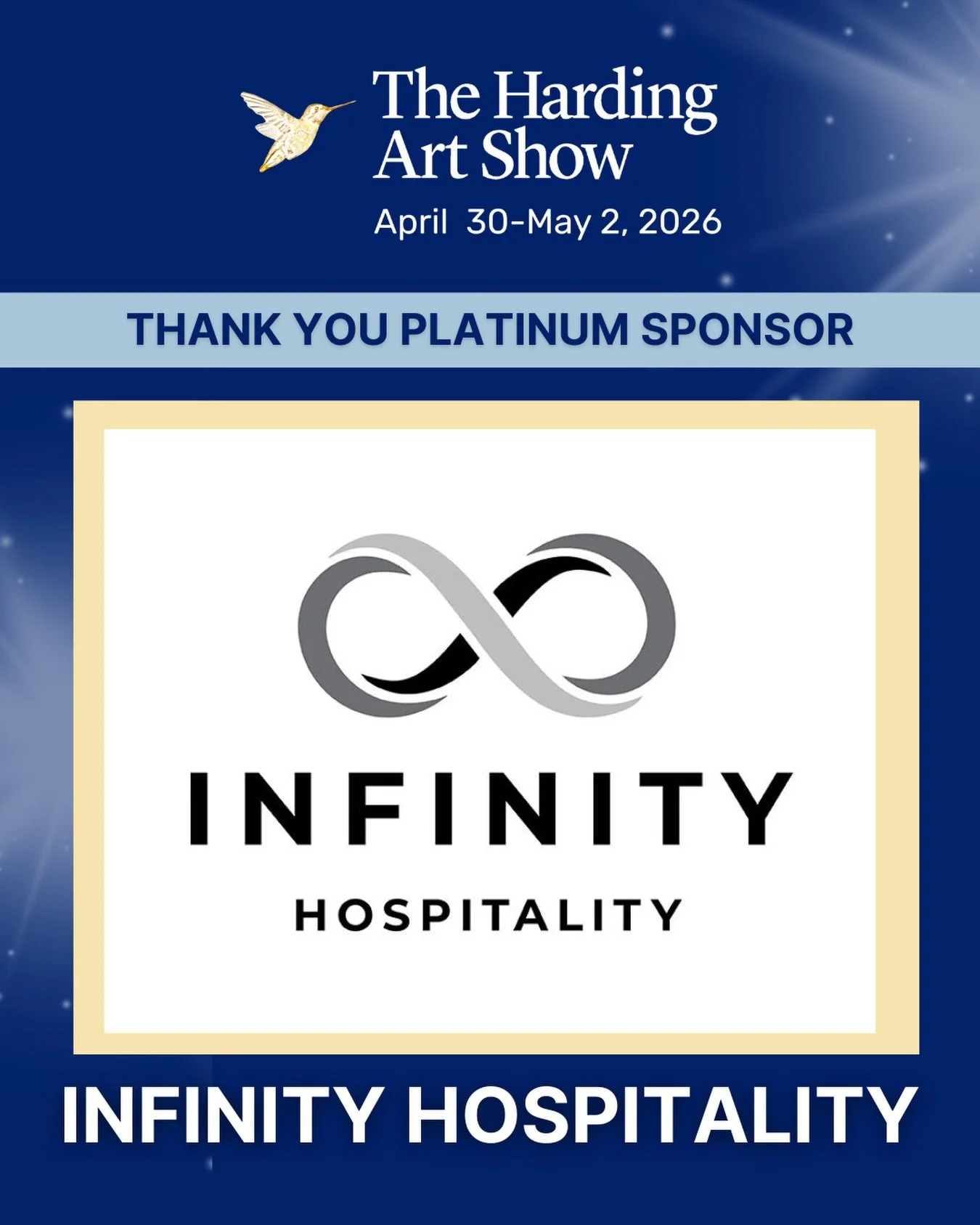 Thank you to our third Platinum Sponsor, Infinity Hospitality, for their support of the 2026 Harding Art Show.⁠
⁠
Founded in 2011, Infinity Hospitality was created out of a love for dynamic events and fine dining. Their goal is to provide unparallele