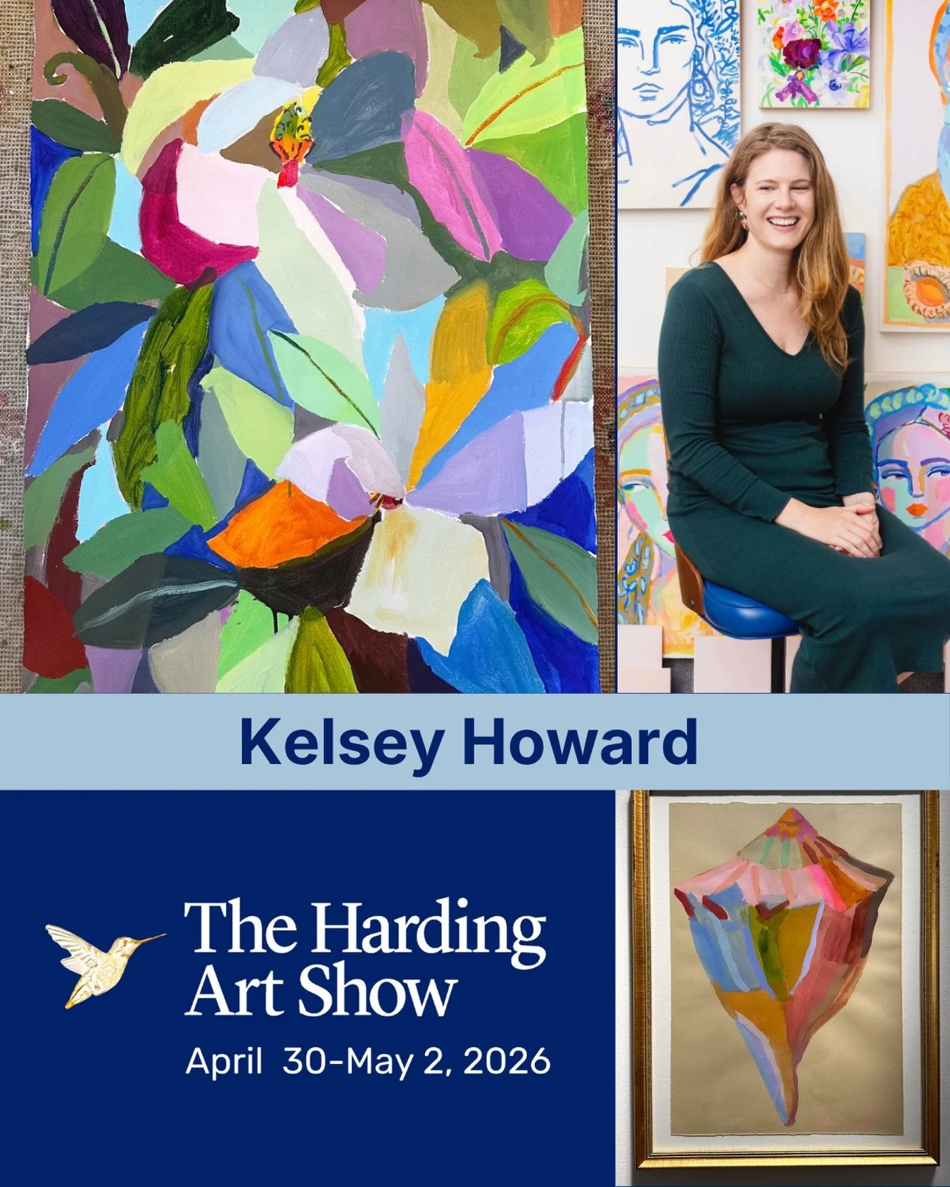 Kelsey Howard @kelseyhowardart is a painter focusing on creating colorful and joyous work by studying the world around her. Typically using acrylic paint, she often delves into subjects that have sentimental value, including shells, magnolias, and la